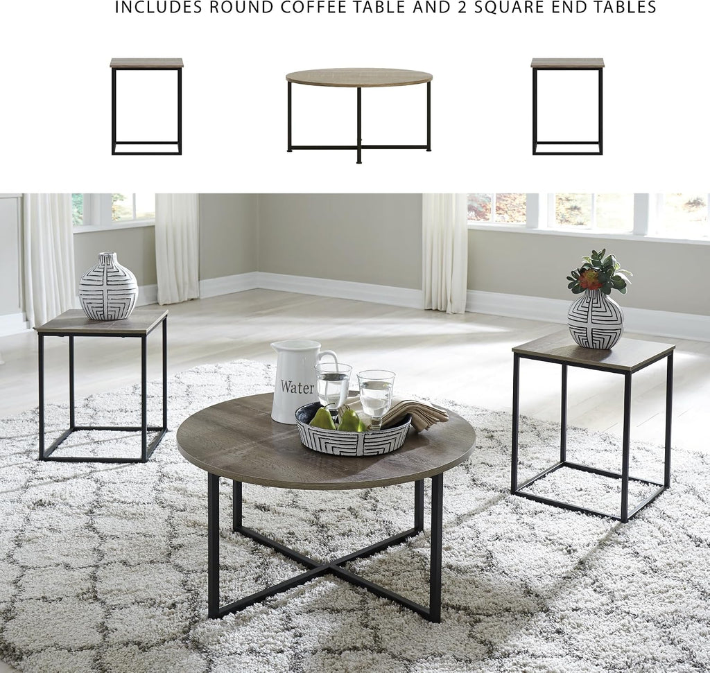 Signature Design by Ashley Wadeworth Urban Wood Grain 3-Piece Table Set, Includes 1 Coffee Table and 2 End Tables, Brown & Black