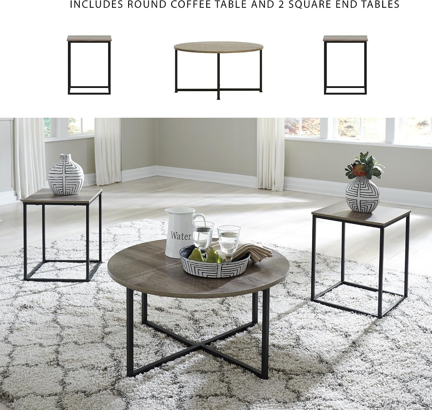 Signature Design by Ashley Wadeworth Urban Wood Grain 3-Piece Table Set, Includes 1 Coffee Table and 2 End Tables, Brown & Black