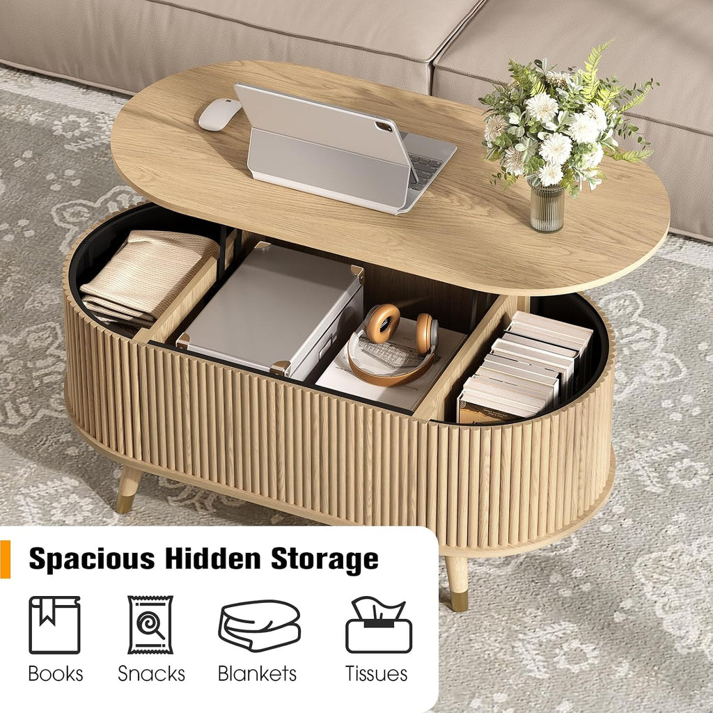 Oval Lift Top Coffee Table with Storage, 42.5' Fluted Coffee Table with Lifting Top & Solid Wood Legs, Mid Century Modern Center Table for Living Room, Home Office, Oak