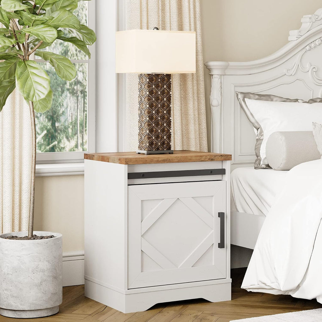 WAMPAT End Table, Pedestal Side Table with Drawer and Cabinet Wood Bedside Table Nightstands for Living Room Bedroom，Cream White