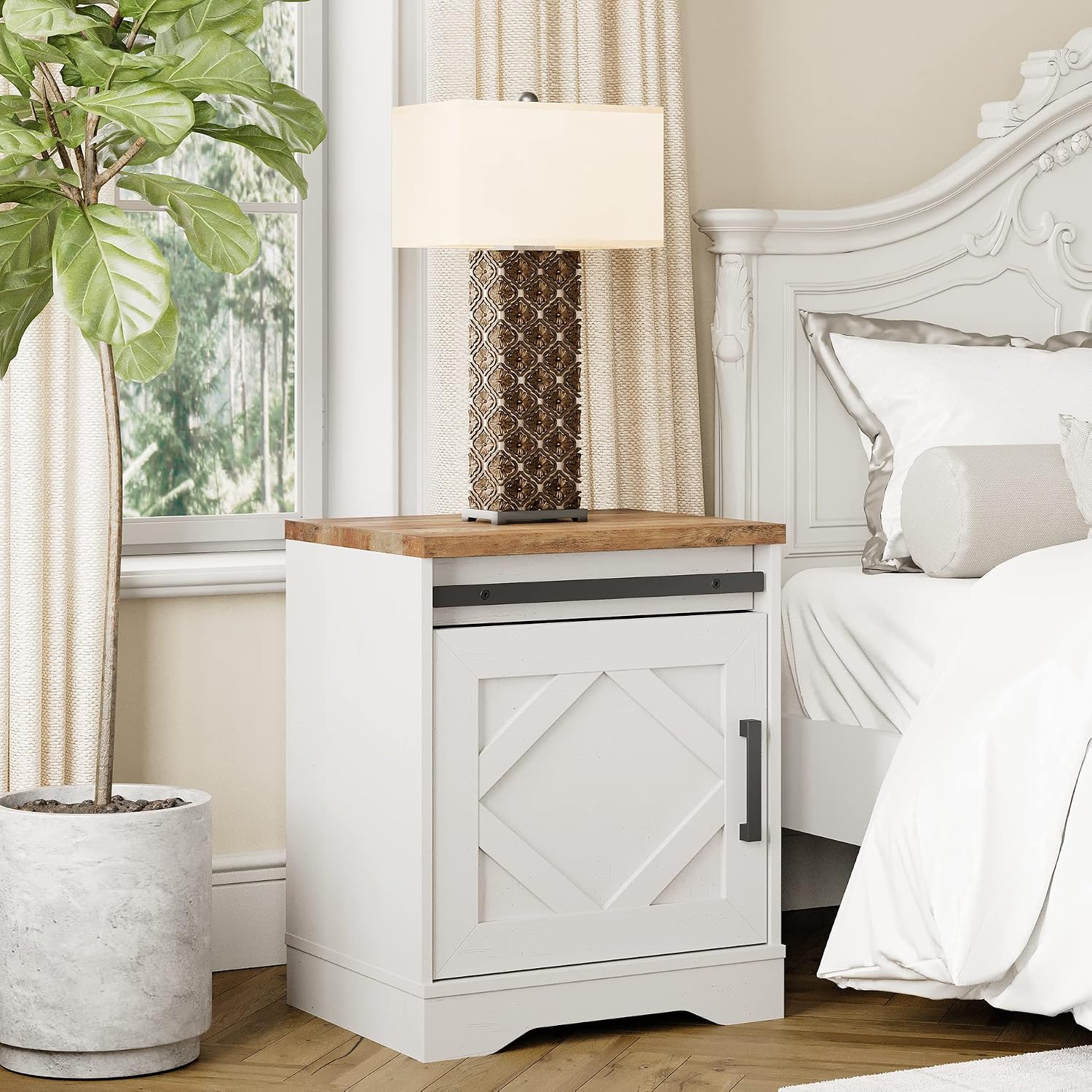 WAMPAT End Table, Pedestal Side Table with Drawer and Cabinet Wood Bedside Table Nightstands for Living Room Bedroom，Cream White