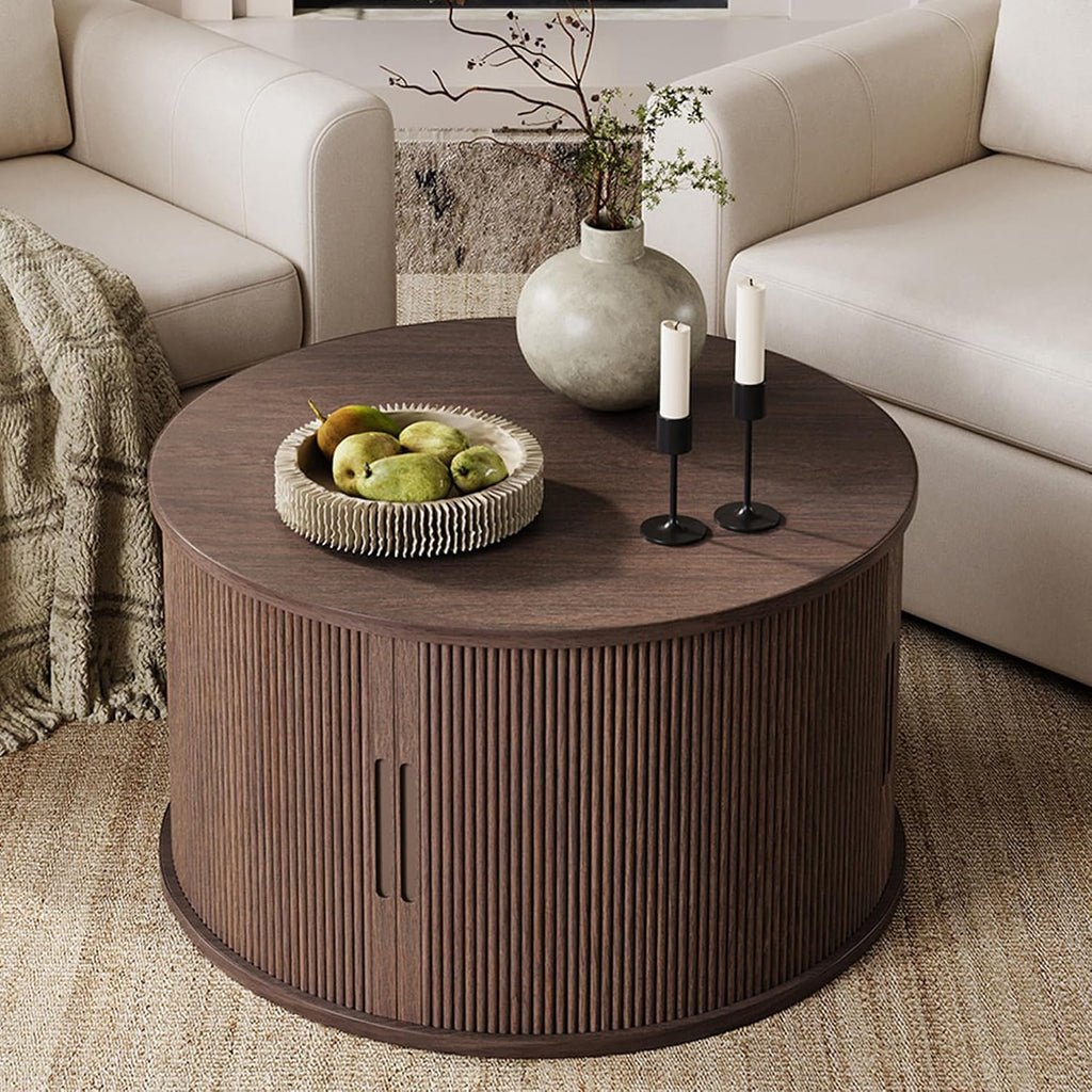 LINSY HOME Round Coffee Table, 31.5' Drum Coffee Table with Sliding Tambour Door, Fluted Accent Center Table with Storage, Mid Century Modern Coffee Table for Living Room, Walnut