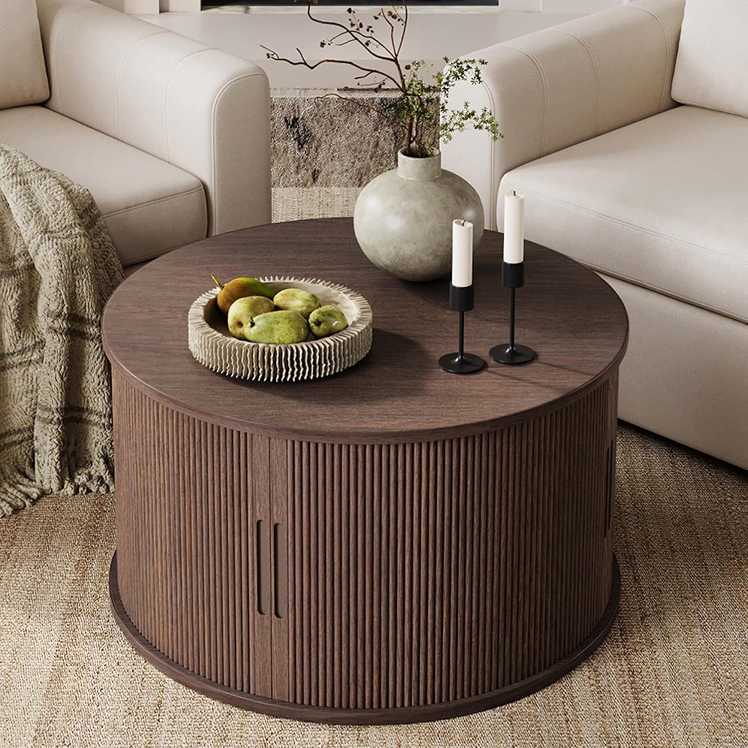 LINSY HOME Round Coffee Table, 31.5' Drum Coffee Table with Sliding Tambour Door, Fluted Accent Center Table with Storage, Mid Century Modern Coffee Table for Living Room, Walnut