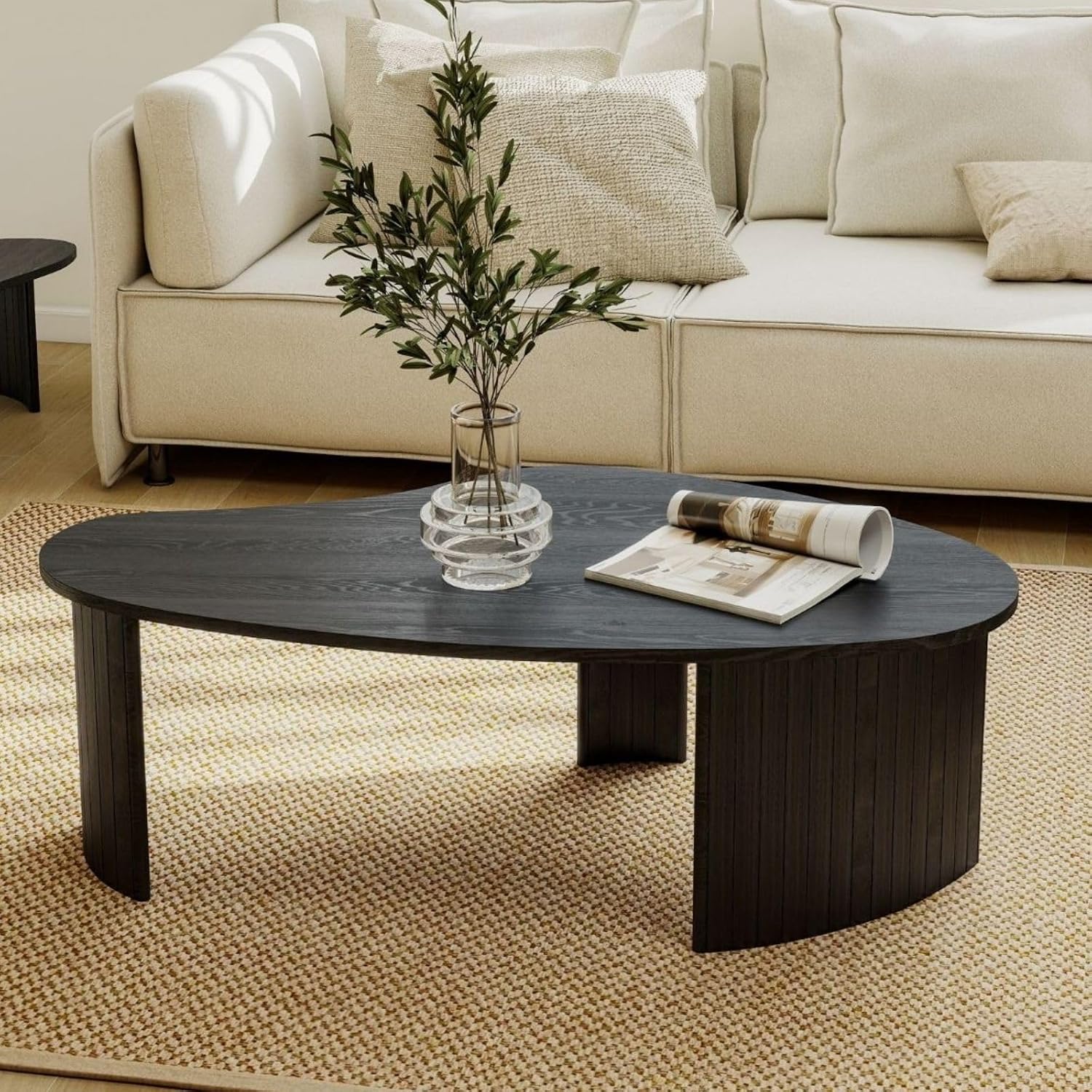 Hyfirm Modern Black Wood Coffee Table 47.25 Inch for Living Room, Sturdy Center Table with Irregular Mango Top and Fluted Legs for Small Apartment
