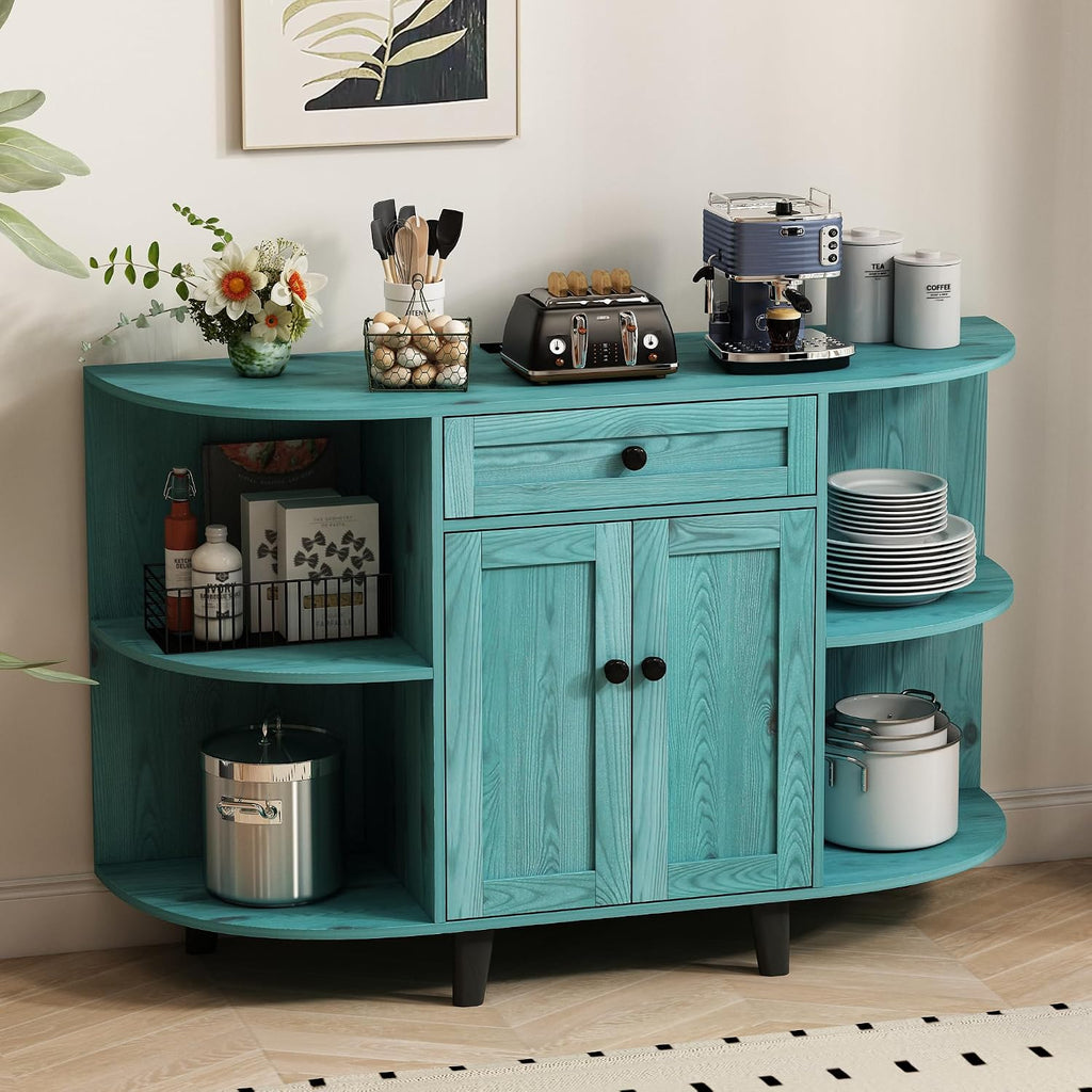 52' Sideboard Buffet Cabinet with Power Outlet,Coffee Bar Cabinet with Storage, 3 AC Outlets & 2 USB Ports,Kitchen Storage Cabinet with Drawer and Doors for Dining Room,Vintage Blue