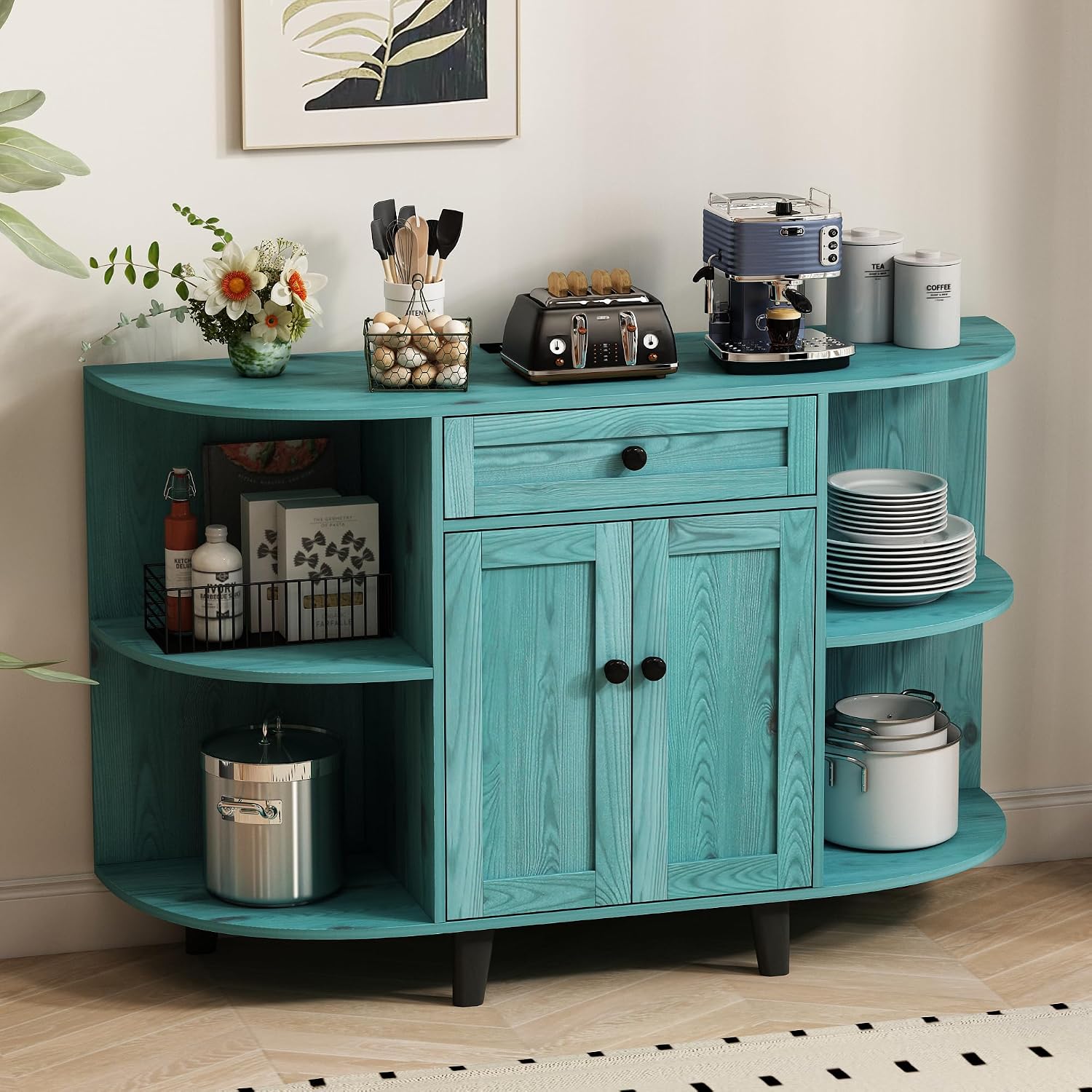 52' Sideboard Buffet Cabinet with Power Outlet,Coffee Bar Cabinet with Storage, 3 AC Outlets & 2 USB Ports,Kitchen Storage Cabinet with Drawer and Doors for Dining Room,Vintage Blue