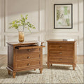 HULALA HOME End Table Set of 2 with Tray, Farmhouse 3 Drawer End Table with Solid Wood Legs, Drawer Organizer with Charging Station, Acorn