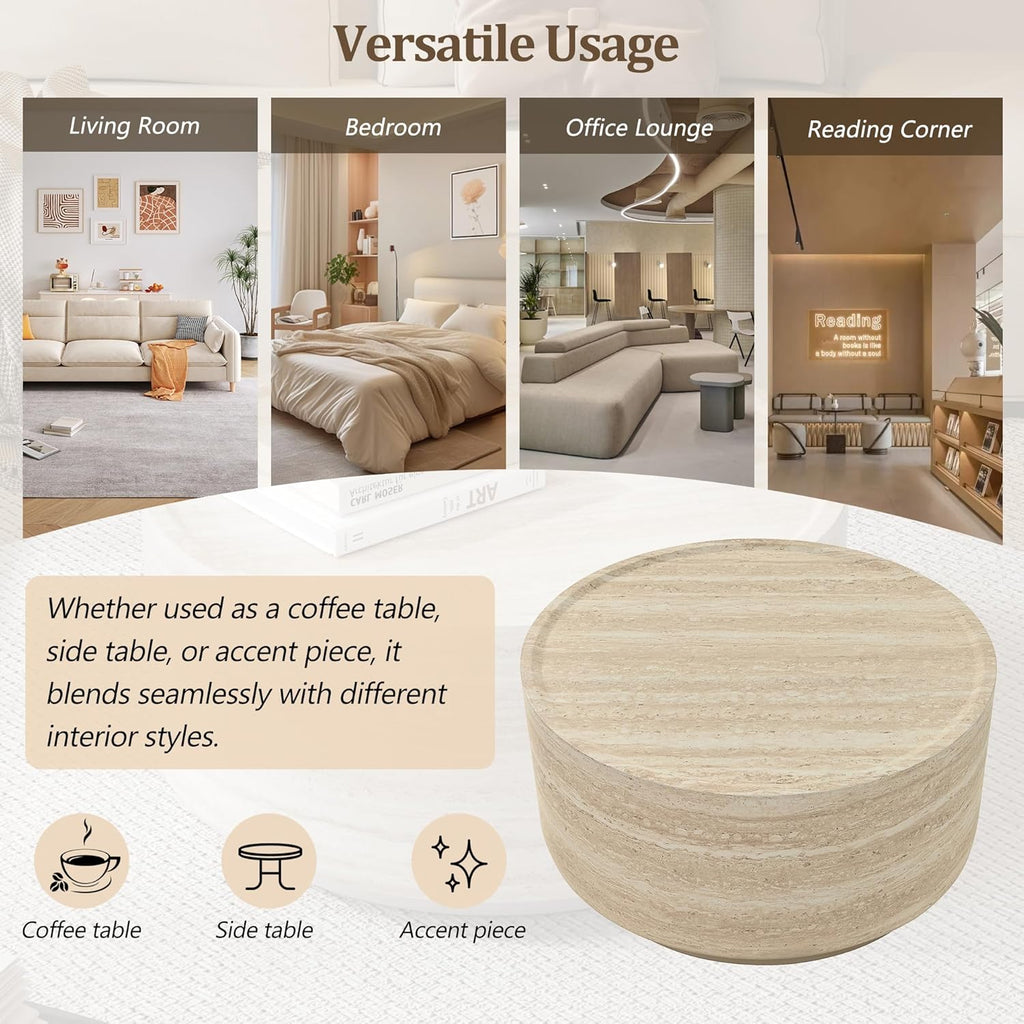 Merax 27.5' Round Coffee Table with Faux Luxury Marble Look, Drum Small Center Table with Strong Structure, Minimalist Mars Pattern End Table for Living Room, Bedroom, No Assembly Required, Beige