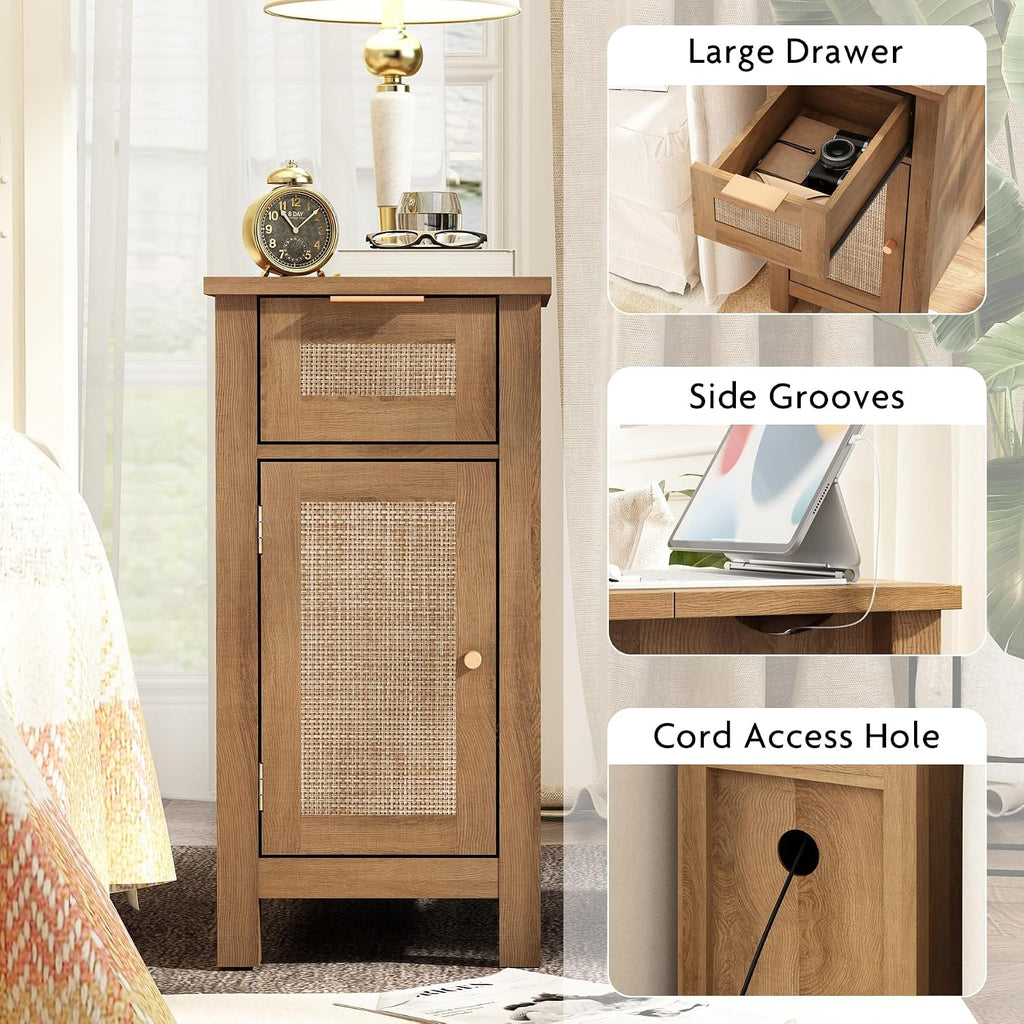 Narrow End Table with Charging Station - Midcentury Rattan Slim Side Table with USB Ports and Power Outlets, Nightstand with Flip Top and Storage Drawer, for Small Spaces Living Room Bedroom, Set of 2