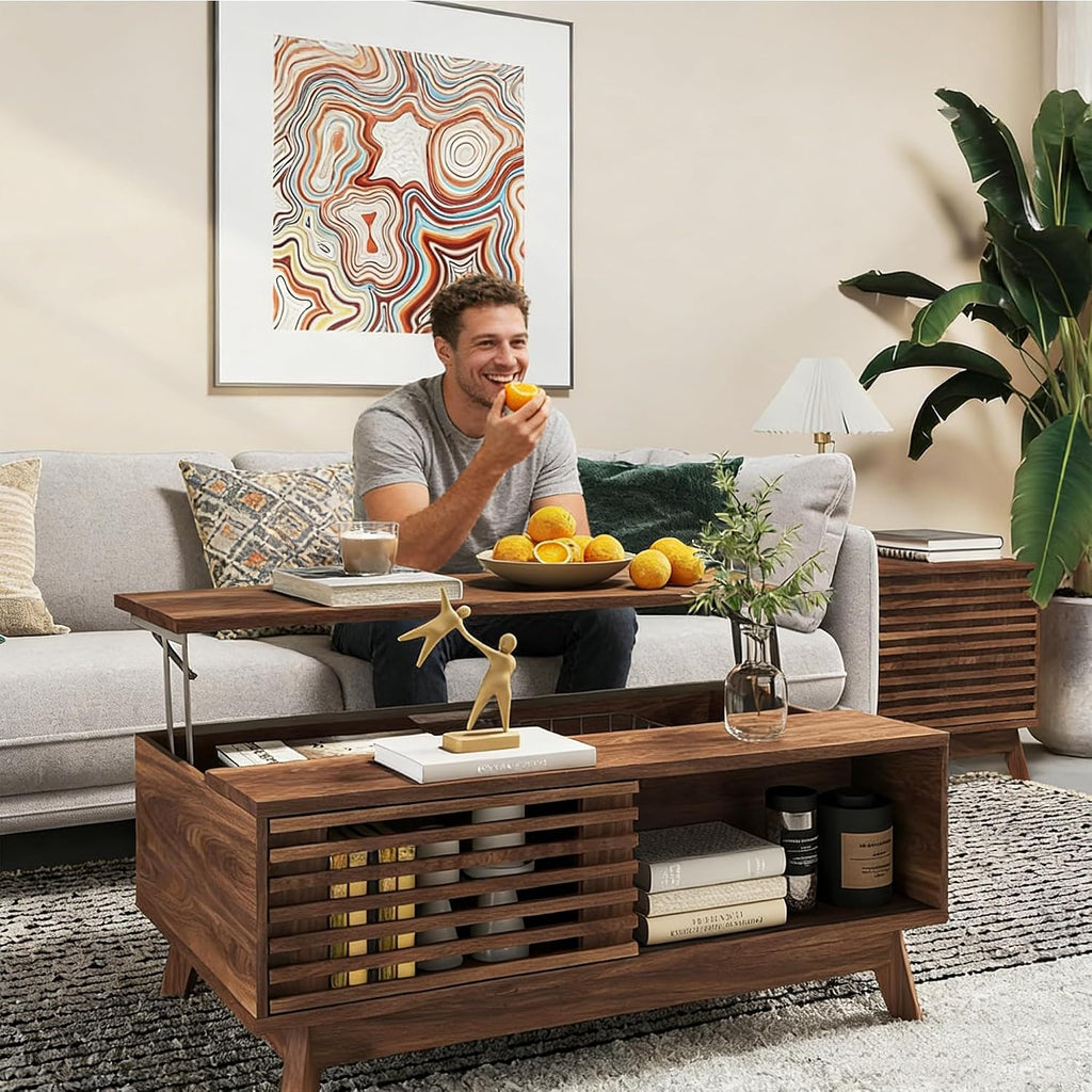HAIOOU Lift Top Coffee Table, Mid Century Modern Coffee Table with Storage for Living Room, 35.4'' Walnut Coffee Tables with Sliding Fence Door (Brown)