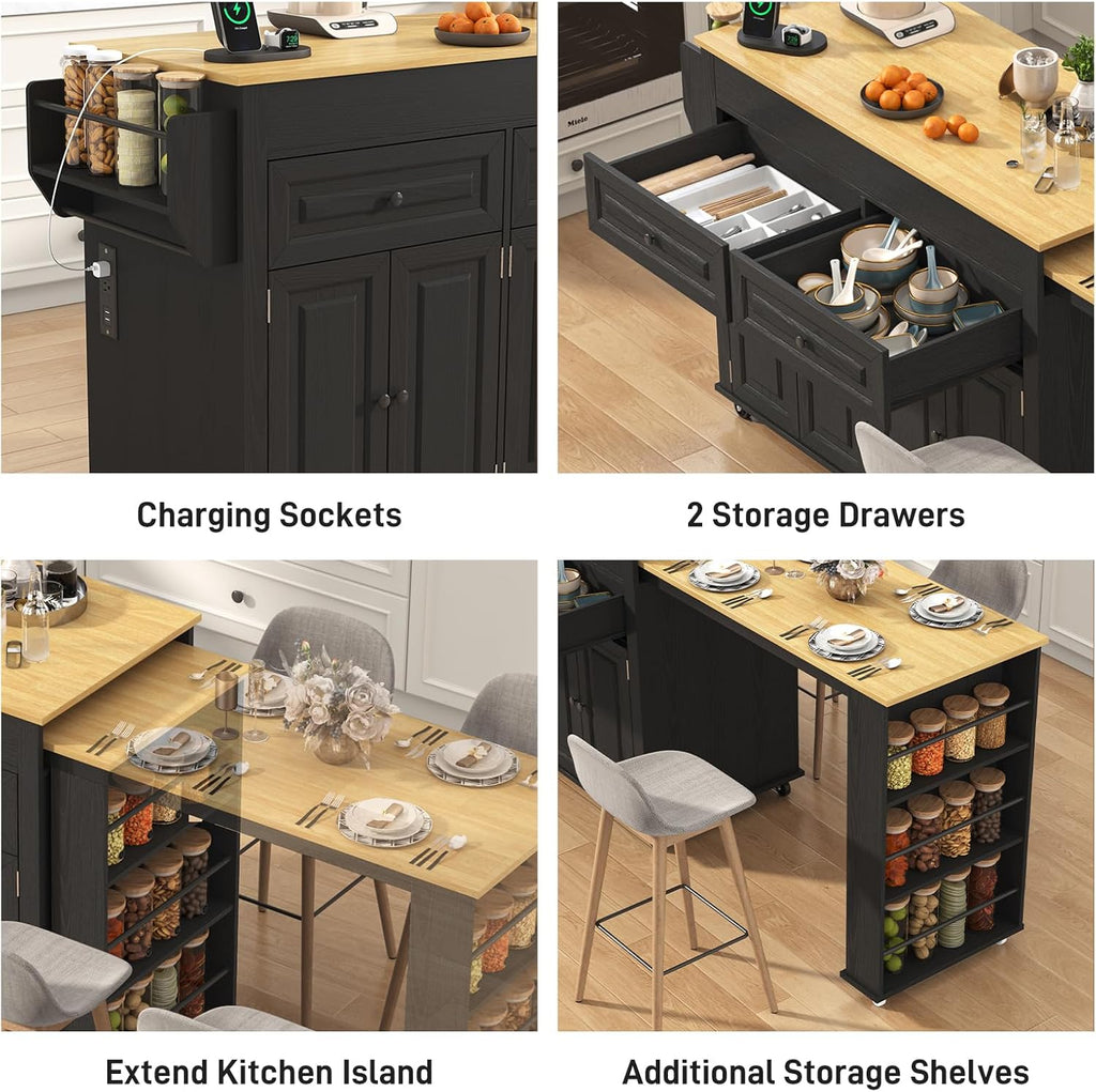 80'-48' Extendable Kitchen Island with Extended Dining Table and Power Outlet,Large Mobile Kitchen Storage Islands with 2 Storage Drawers,Rolling Islands Cart with 3 Extra Rows Open Shelves(Black)