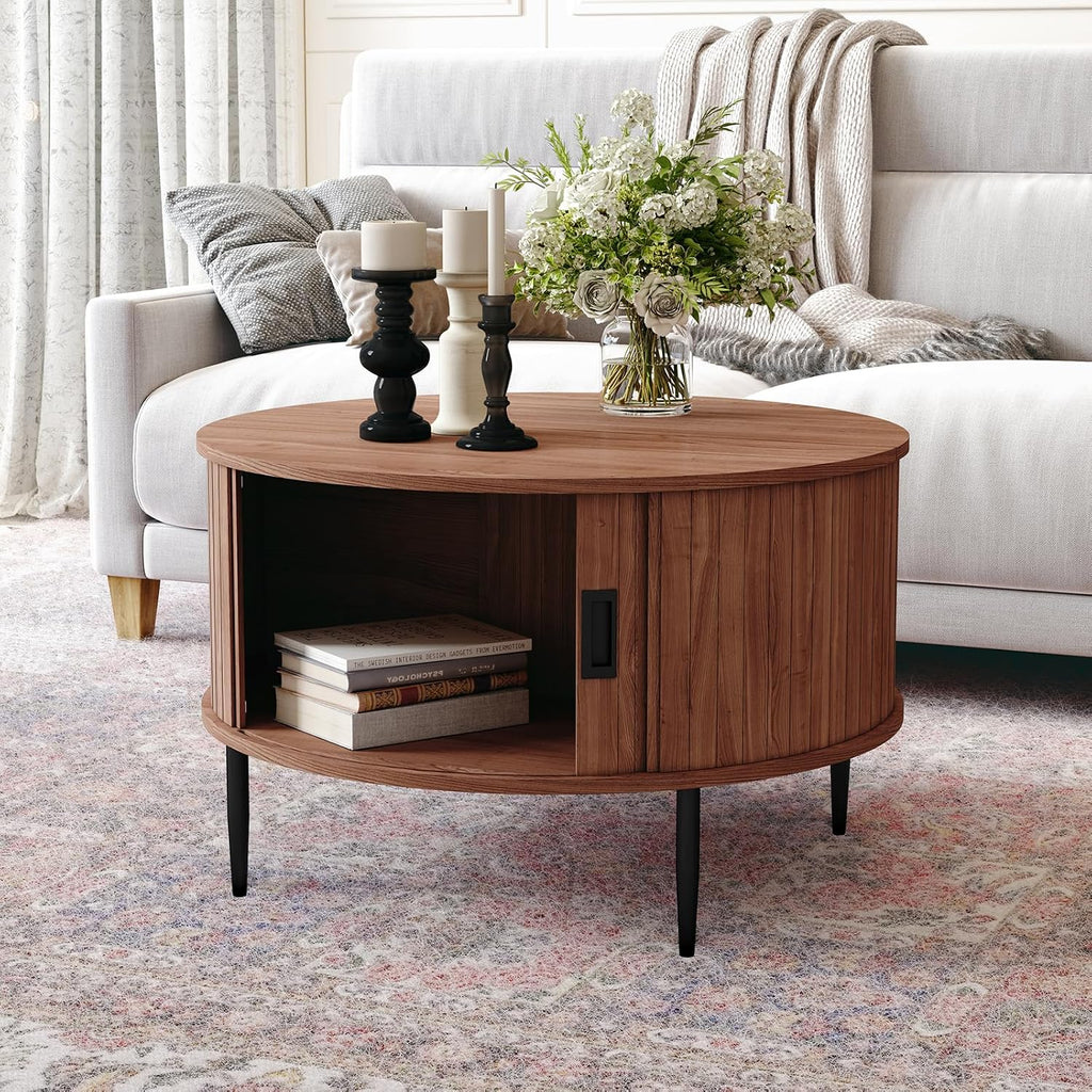 ARTPOWER 31.7' Round Coffee Table with Tambour Door, Mid Century Center Table for Living Room, Small Wood Fluted Circle Coffee Table with Storage, Walnut