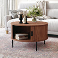 ARTPOWER 31.7' Round Coffee Table with Tambour Door, Mid Century Center Table for Living Room, Small Wood Fluted Circle Coffee Table with Storage, Walnut