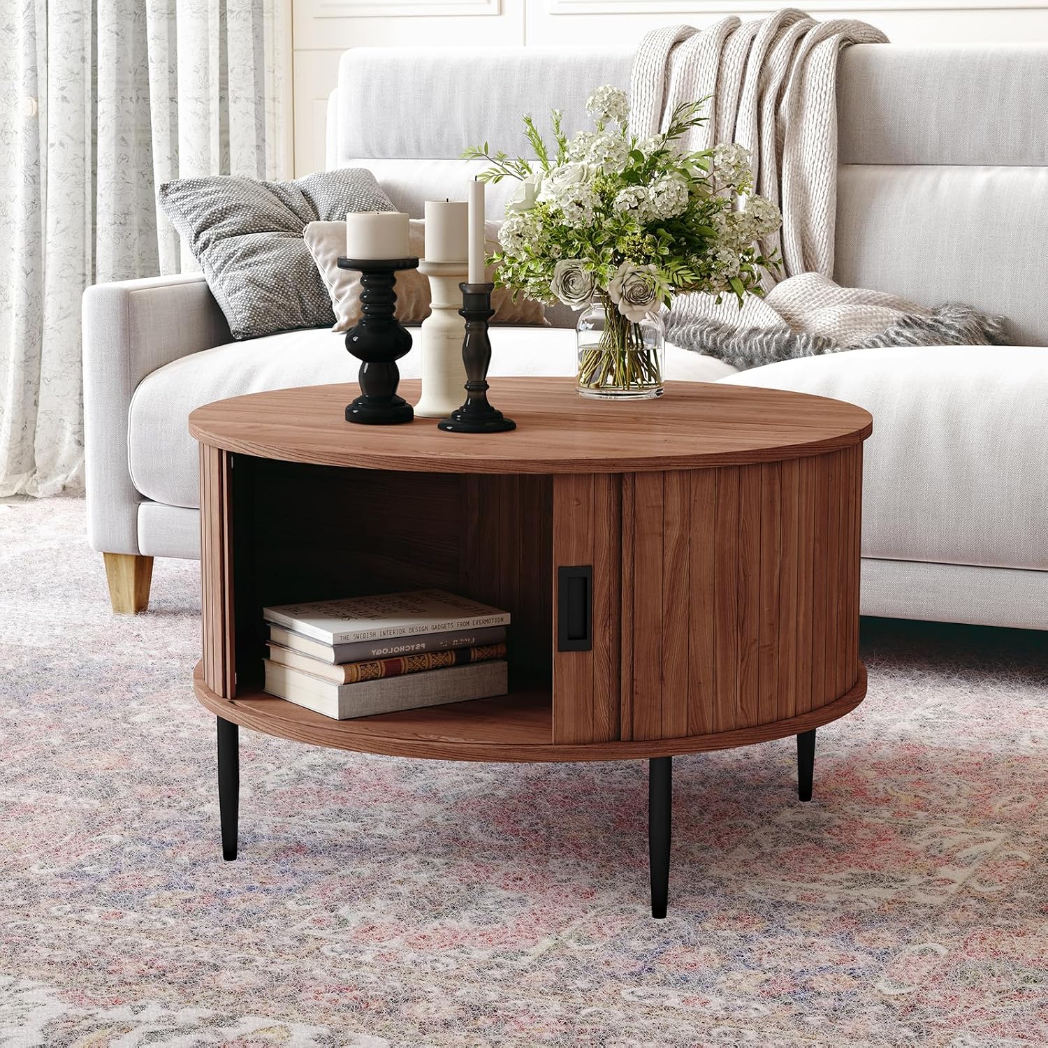 ARTPOWER 31.7' Round Coffee Table with Tambour Door, Mid Century Center Table for Living Room, Small Wood Fluted Circle Coffee Table with Storage, Walnut