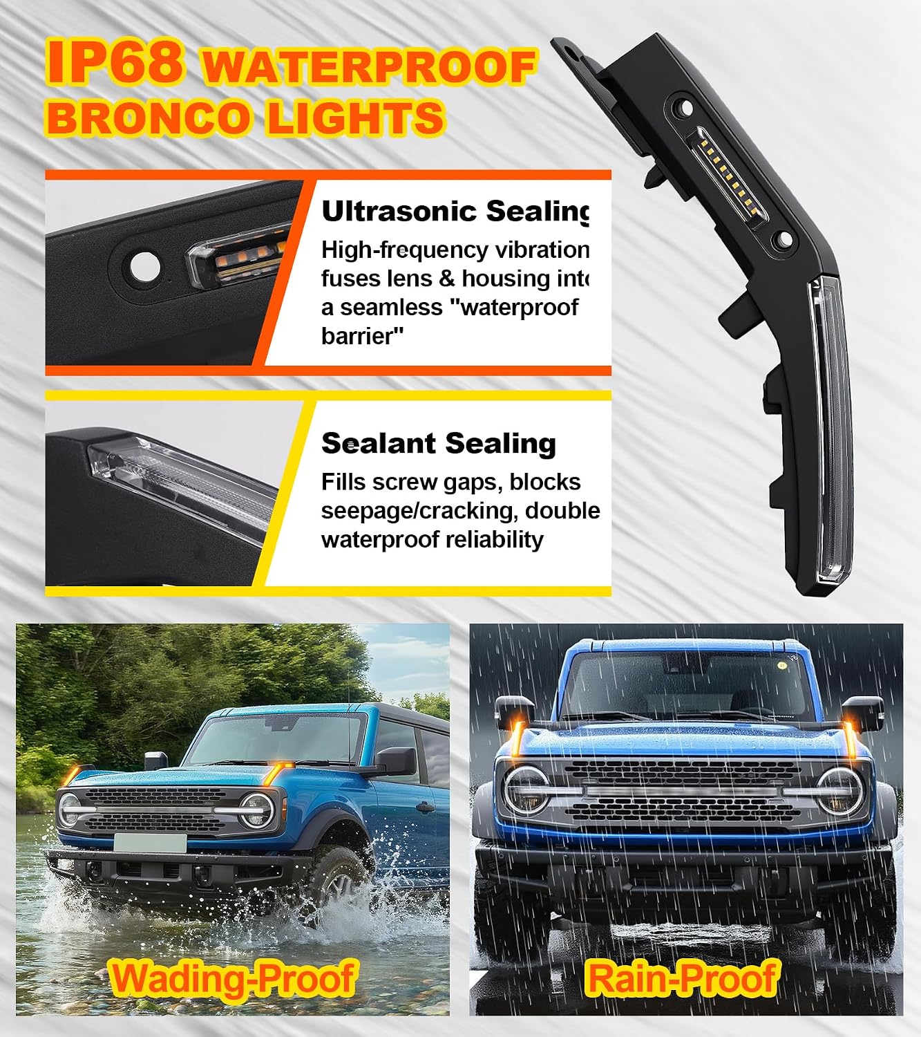 LED Hood Handle Trail Sight Lights for Ford Bronco 2021 2022 2023 2024 2025 2026 Accessories Fog Light Kit Marker Lighting Bar (Amber DRL with Side Markers)