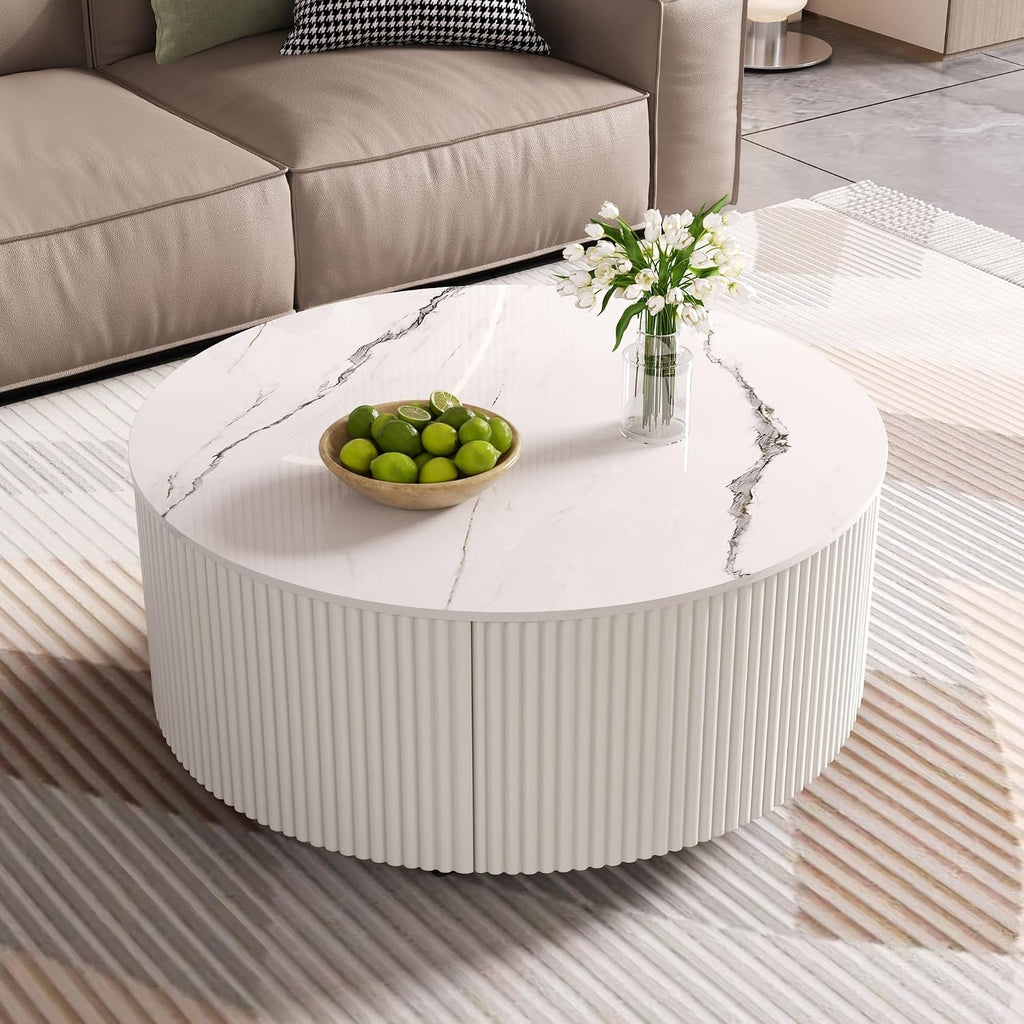 Merax 29.5' Round Fluted Coffee Table for Living Room, Movable Accent Table with Casters and 2 Storage Drawers, Marble Pattern Sintered Stone Top, White