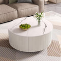 Merax 29.5' Round Fluted Coffee Table for Living Room, Movable Accent Table with Casters and 2 Storage Drawers, Marble Pattern Sintered Stone Top, White