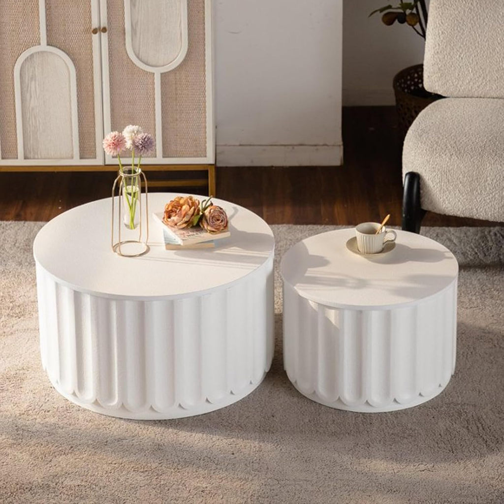 WILLIAMSPACE 46.46' White Round Nesting Coffee Table Set of 2 with Storage & Lift-Off Lid, Modern Circle Drum Center Tables Curved-Edge Shape Tea Table for Living Room, No Assembly (White)