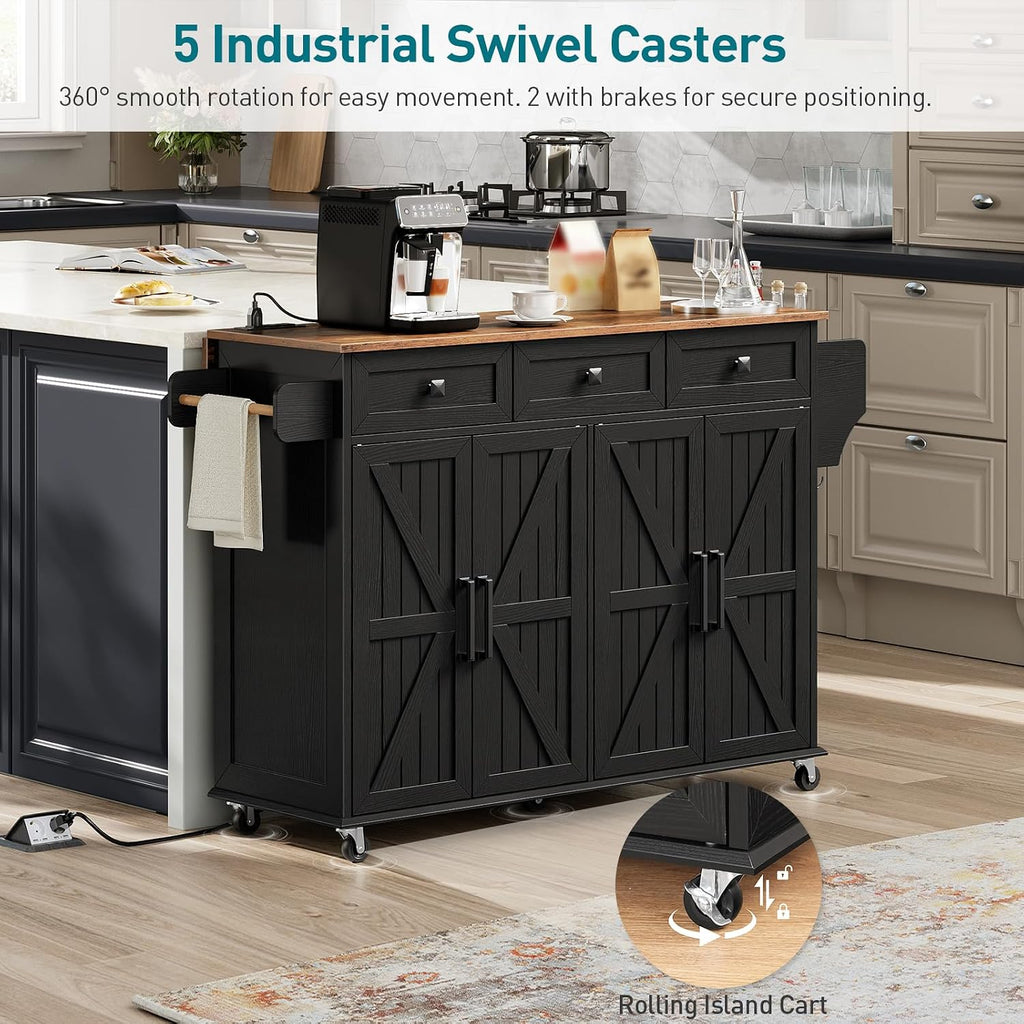RALGEND Kitchen Island with Drop Leaf & Power Outlet, Rolling Kitchen Island Cart On Wheels, Barn Door Kitchen Island Table with Storage, Island Table for Kitchen, Black and Rustic Brown