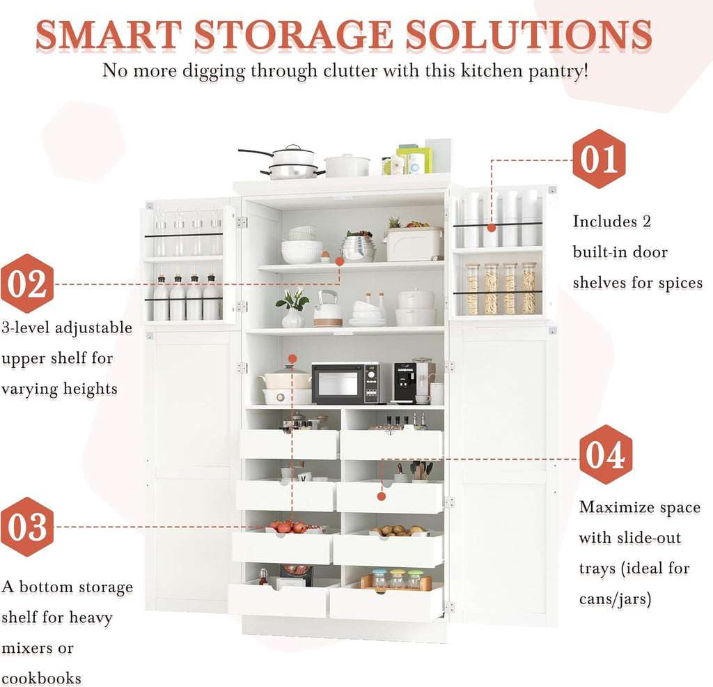Merax 35.5x17.6x70.9 inches Freestanding Kitchen Pantry Cabinet, Tall Storage Cabinet with 4 Doors, 2 Door Shelves, 8 Pull-Out Trays and Adjustable Shelf for Dining Room, White