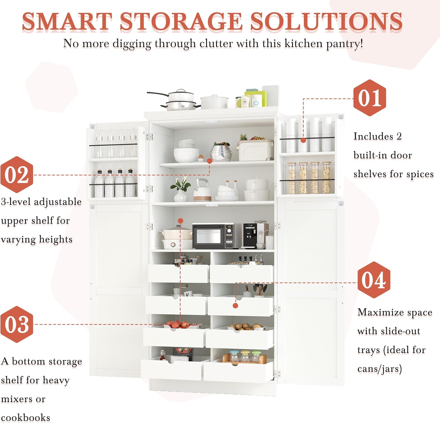 Merax 35.5x17.6x70.9 inches Freestanding Kitchen Pantry Cabinet, Tall Storage Cabinet with 4 Doors, 2 Door Shelves, 8 Pull-Out Trays and Adjustable Shelf for Dining Room, White