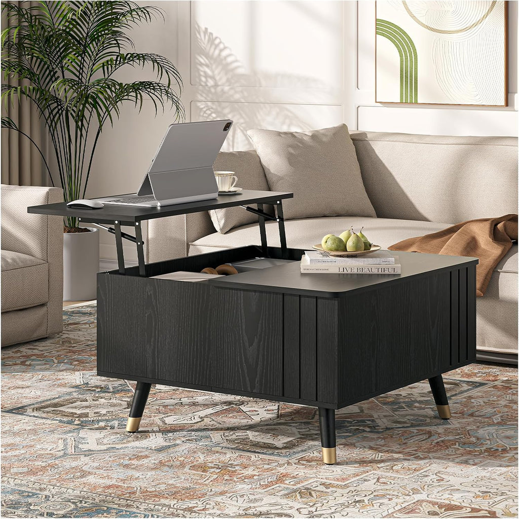Square Coffee Table with Lift-Top & Flip-Top Storage, 36' Lift Tabletop Dining Center Table with Solid Wood Legs, Functional Modern Black Coffee Tables for Living Room Small Space or Office