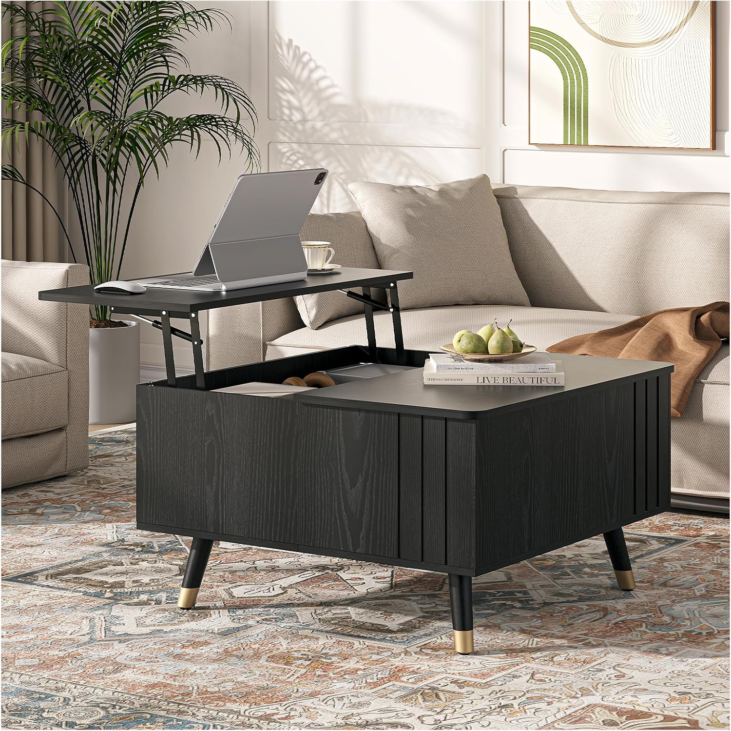 Square Coffee Table with Lift-Top & Flip-Top Storage, 36' Lift Tabletop Dining Center Table with Solid Wood Legs, Functional Modern Black Coffee Tables for Living Room Small Space or Office