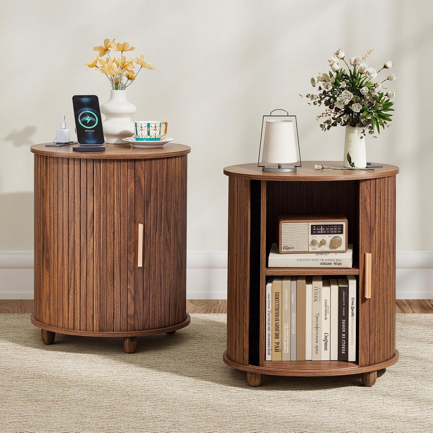 Set of 2 Fluted Round End Table with Charging Station, Small Farmhouse Sofa Side Table with Sliding Tambour Door & Storage, Mid-Century Wood Fulted Nightstands for Living Room, Bedroom (Walnut)