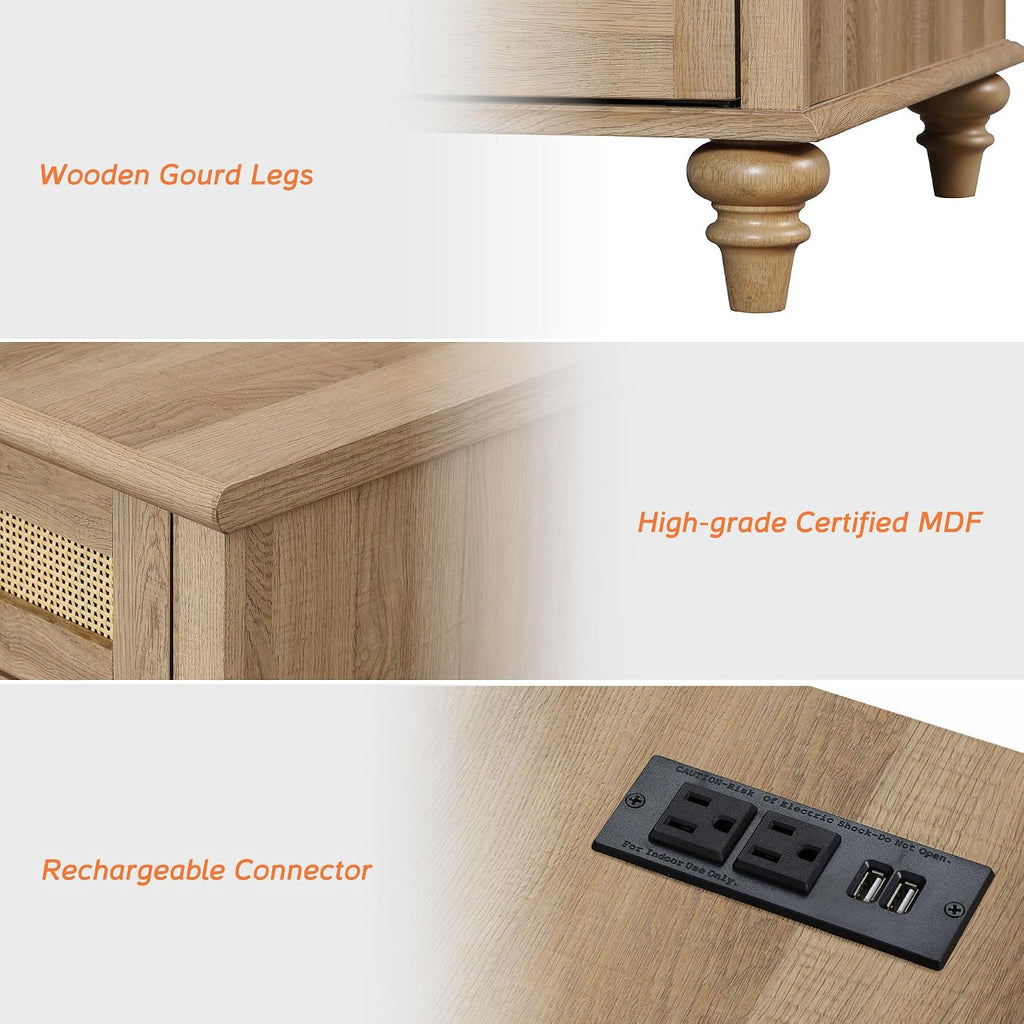 WAMPAT 2 Pack End Table with Charging Station, Wood Side Sofa Table with Drawer and Storage Cabinet, Rattan Weaving Nightstand with Power Outlets & USB Ports for Living Room, Bedroom, Oak