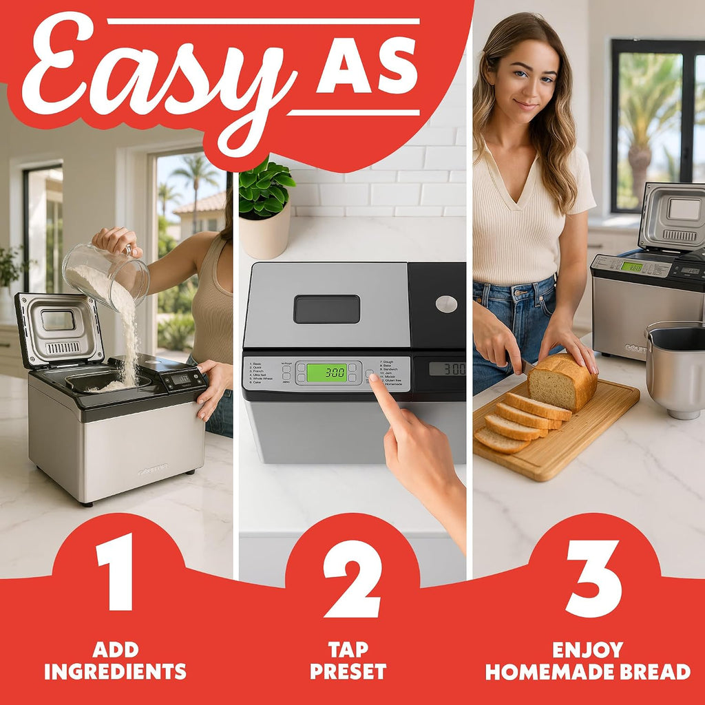 Gourmia Bread Maker with 2 LB Loaf Capacity - 13 Presets Jam Mode, Automatic Ingredient Dispenser, Customizable Crust Options, Keep Warm & Delay Start, Dishwasher Safe Parts