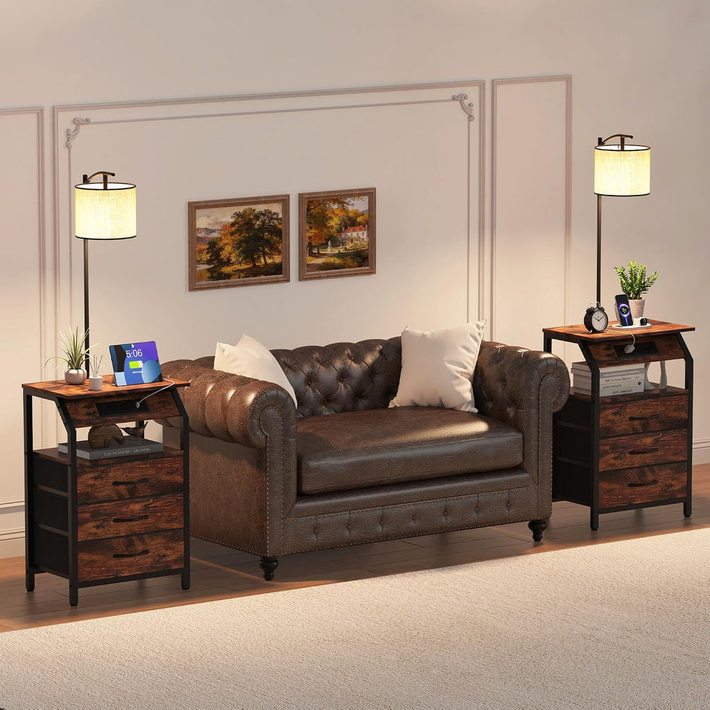 End Table with Floor Lamp Set of 2, Nightstand with Charging Station, Floor Lamp Table with 3-Color Temperature Bulb, Bedside Table Night Stand with 3 Drawers for Bedroom, Living Room, Retro