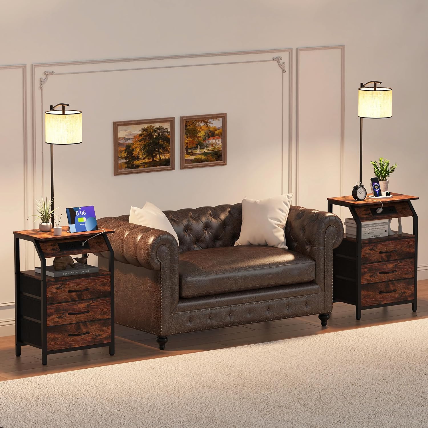End Table with Floor Lamp Set of 2, Nightstand with Charging Station, Floor Lamp Table with 3-Color Temperature Bulb, Bedside Table Night Stand with 3 Drawers for Bedroom, Living Room, Retro
