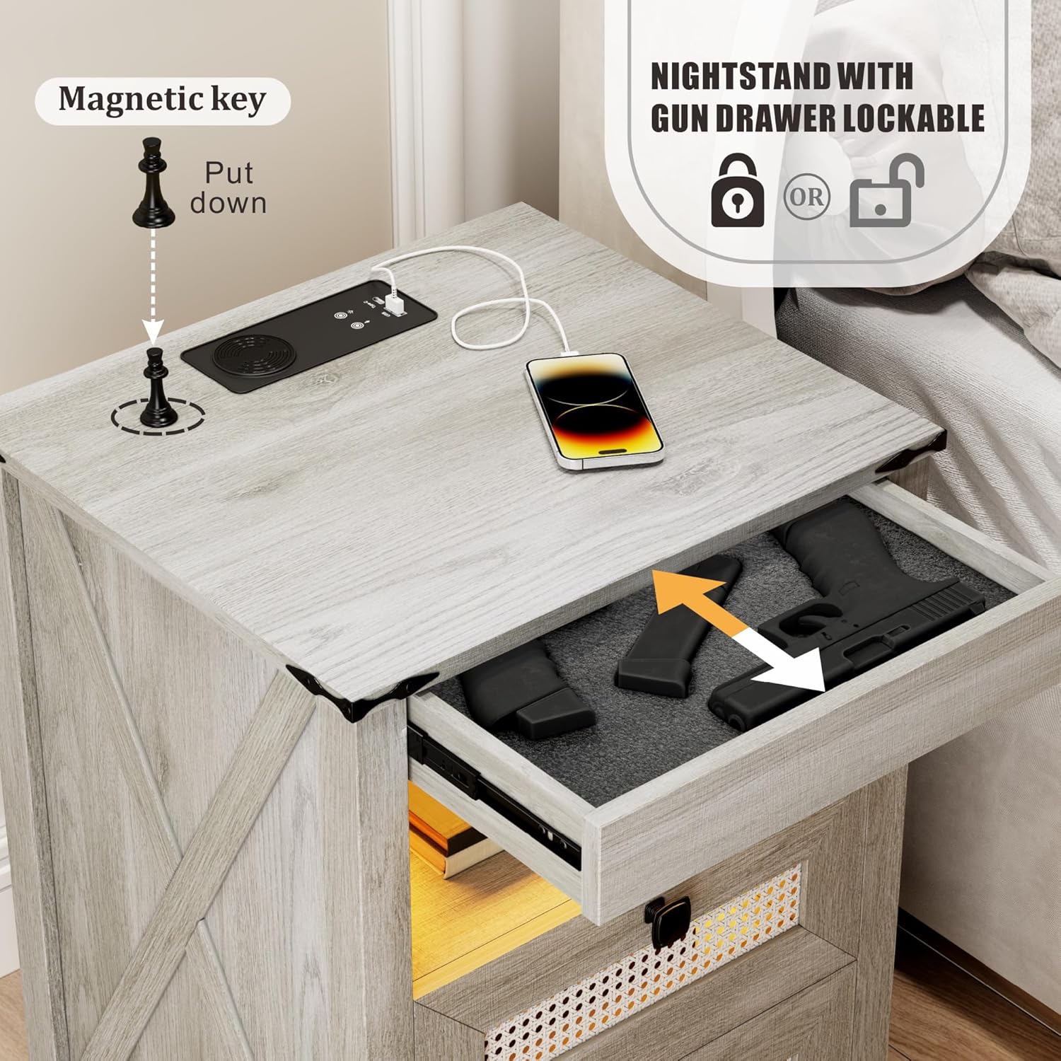 Night Stand with Gun Drawer, Bedside Table with Charger Station & LED Human Sensor Light, Gun Nightstand End Tables Bedroom Living Room, Rustic Grey