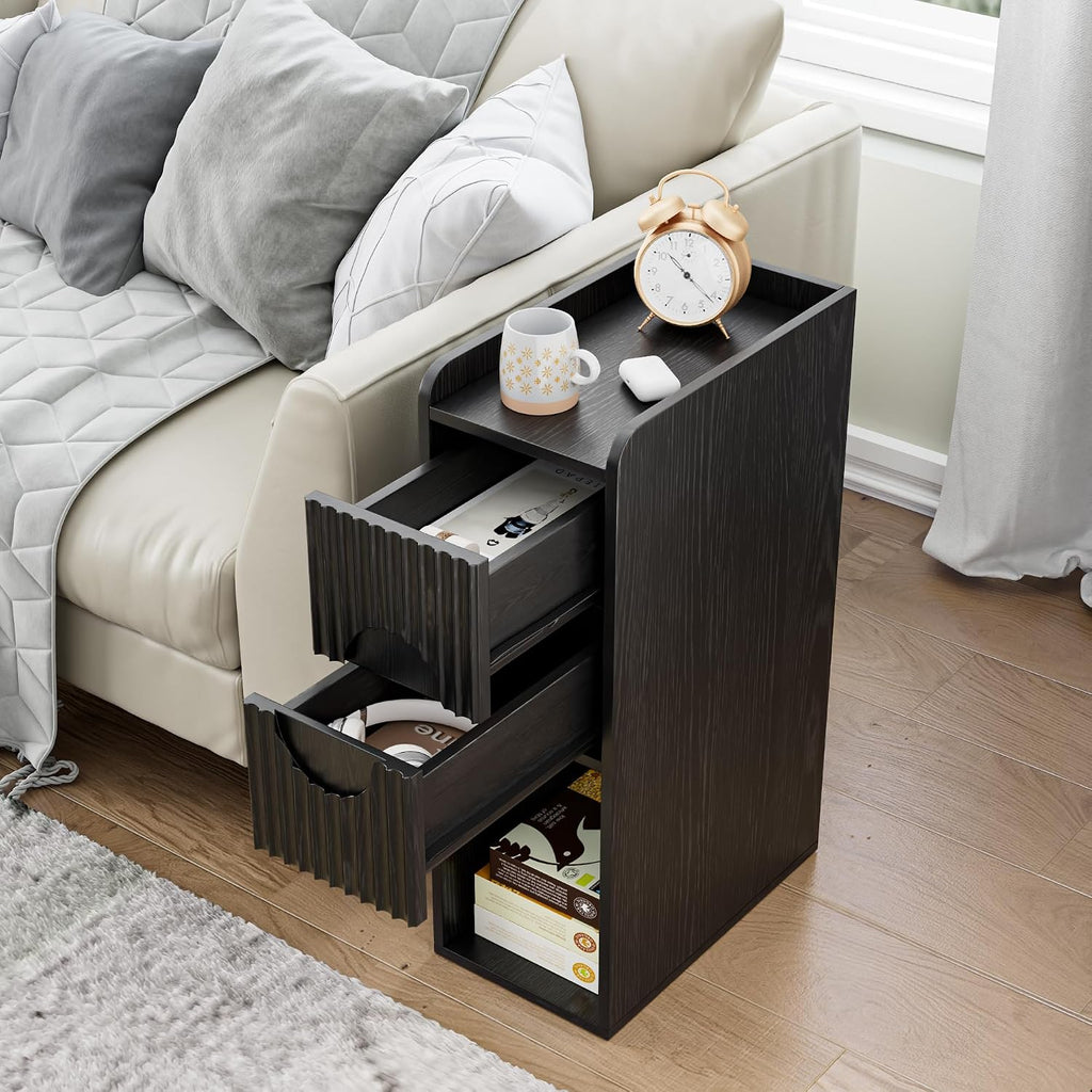 Black Night Stand Set of 2, Narrow Nightstand with Drawers, Small Bedside Table, Skinny Bed Side Table, Modern Nightstand for Bedroom, Living Room, Wood, Fluted, Black