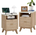 T4TREAM Fluted Nightstand Set of 2 with Charging Station, 18' Modern Side Table with Faux Marble Top, 2 Drawer End Table w/Storage, BedsideTable for Bedroom, Living Room, Curved Profile, Natural Oak
