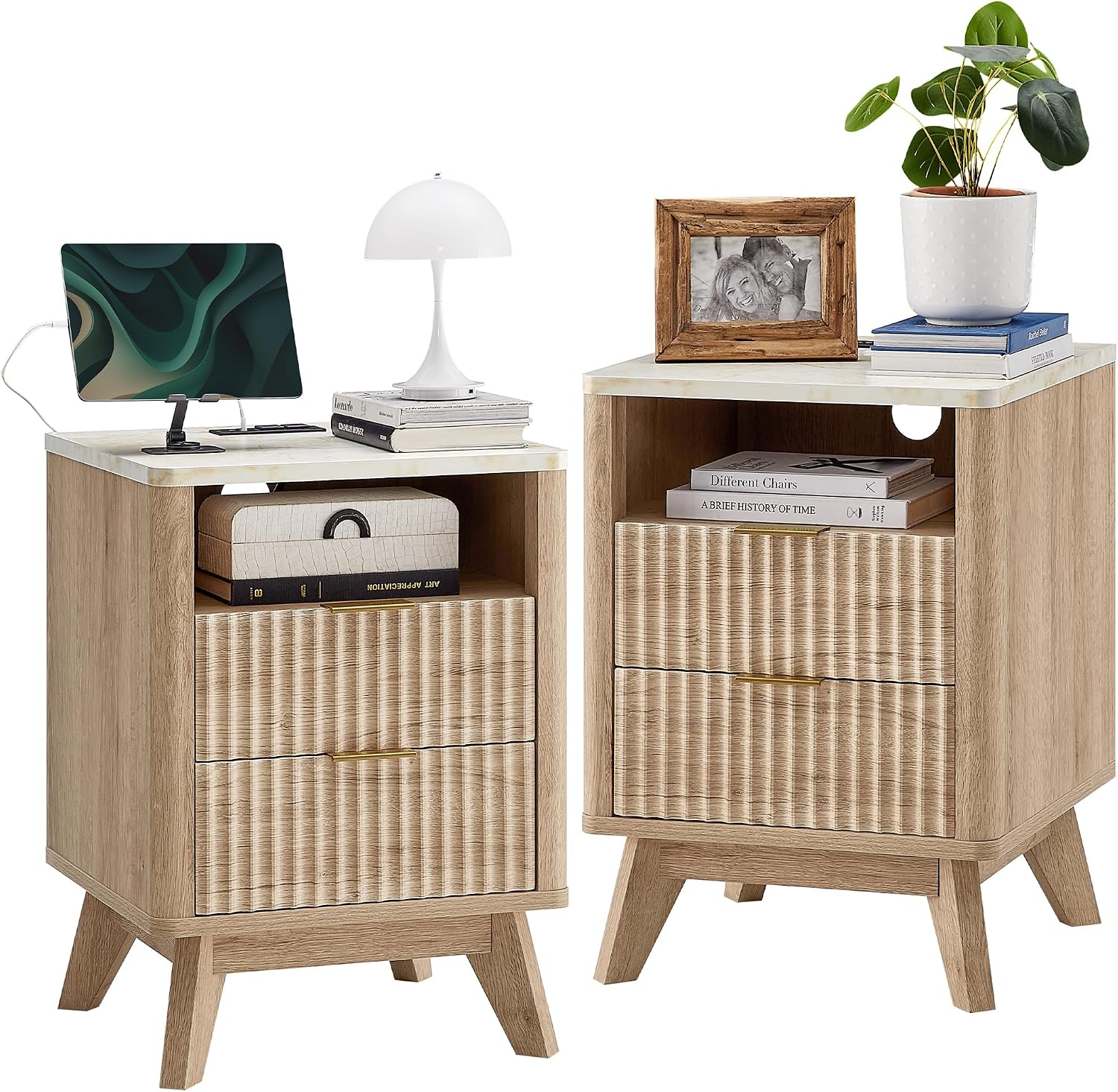 T4TREAM Fluted Nightstand Set of 2 with Charging Station, 18' Modern Side Table with Faux Marble Top, 2 Drawer End Table w/Storage, BedsideTable for Bedroom, Living Room, Curved Profile, Natural Oak