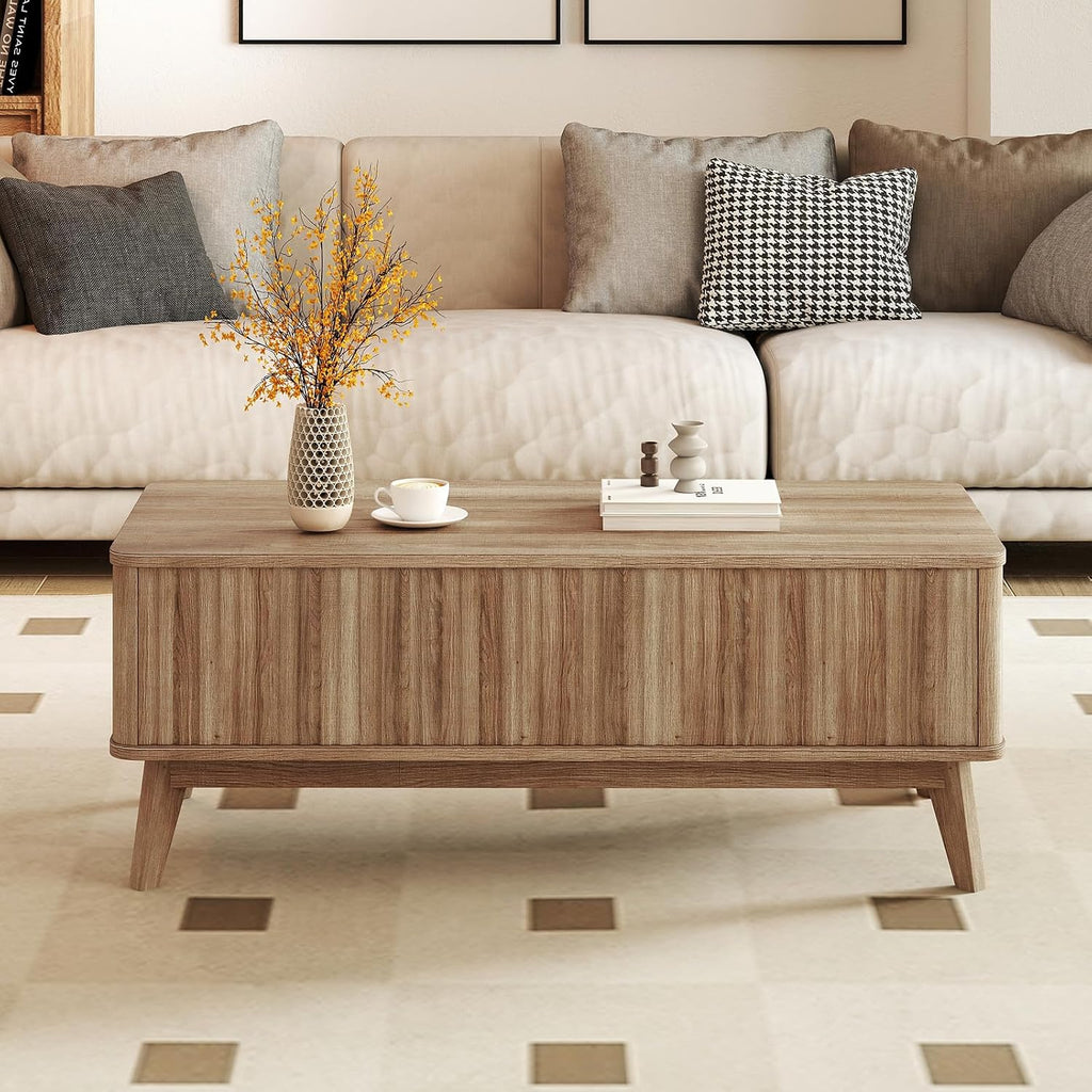 Giantex Lift Top Coffee Table with Storage, 43.5' Mid Century Modern Center Table with Solid Wood Leg & Hidden Compartment, Minimalist Fluted Living Room Table for Home Office, Oak
