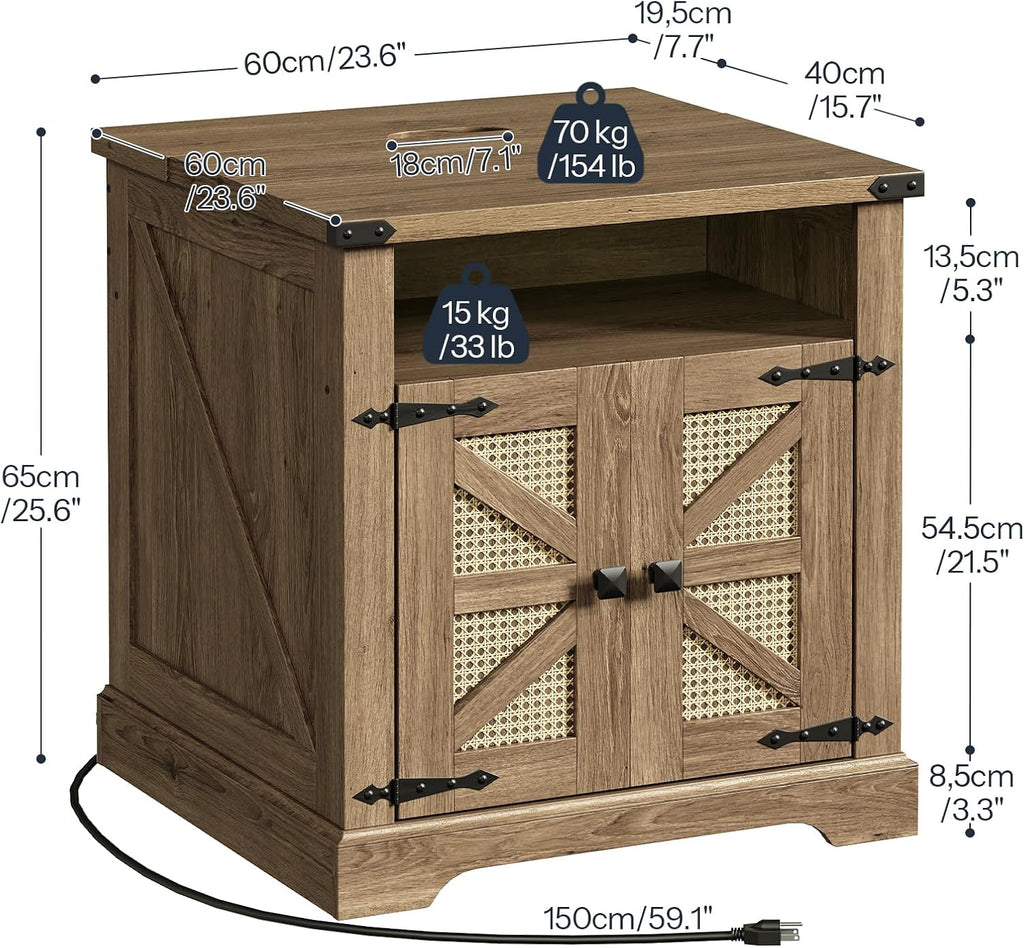 HOOBRO Farmhouse End Tables Set of 2 with Charging Station, 23.6' Large End Tables for Living Room, Large Bedside Tables with Rattan-Like Barn Door, Wooden Square Nightstand, Flip Tableop