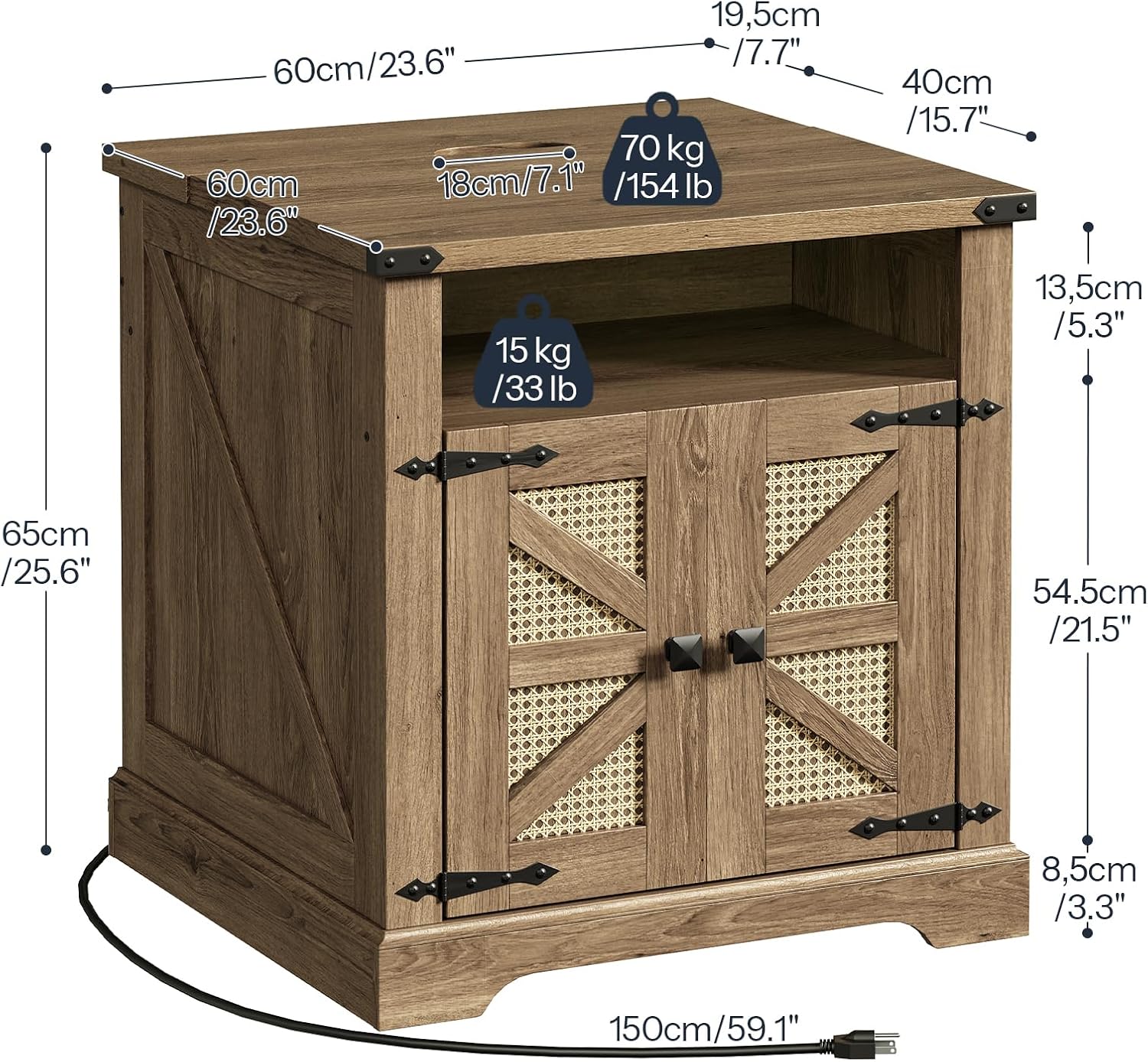 HOOBRO Farmhouse End Tables Set of 2 with Charging Station, 23.6' Large End Tables for Living Room, Large Bedside Tables with Rattan-Like Barn Door, Wooden Square Nightstand, Flip Tableop