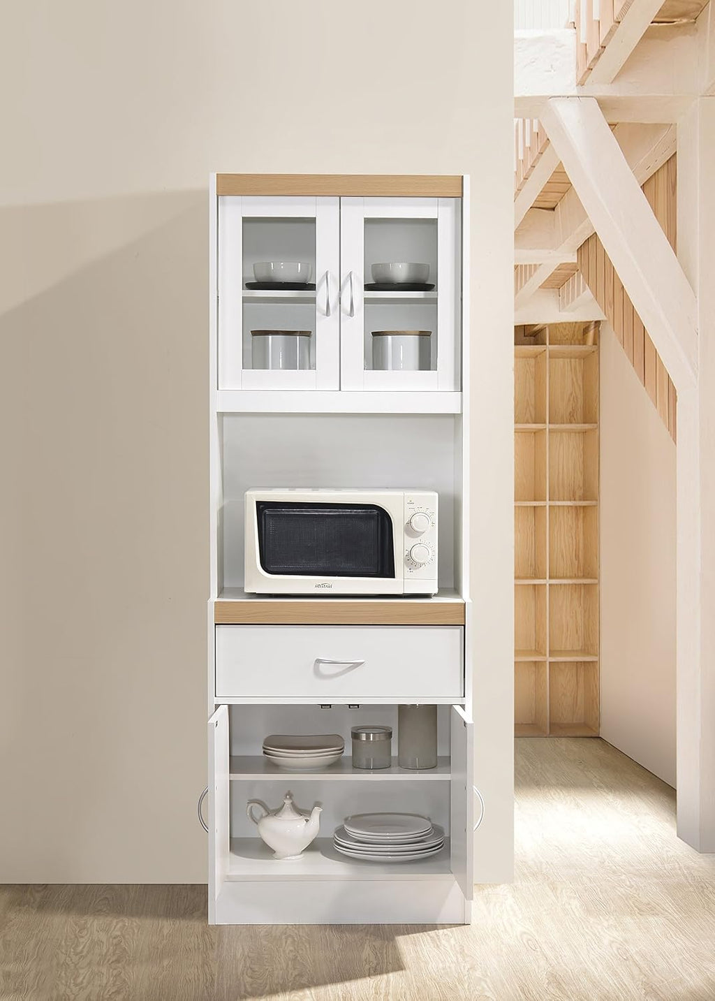 Hodedah Long Standing Kitchen Cabinet with Top and Bottom Enclosed Cabinet Space, One Drawer, Large Open Space for Microwave, White