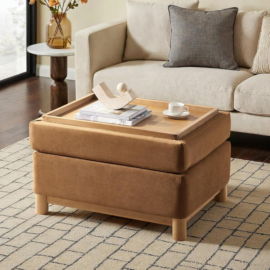HULALA HOME 30.25' Ottoman Coffee Table with Reversible Tray Lid, Modern Upholstered Storage Ottoman with Solid Wood Base, Removable Top, Footrest and Extra Seating for Bedroom or Living Room, CARAMEL