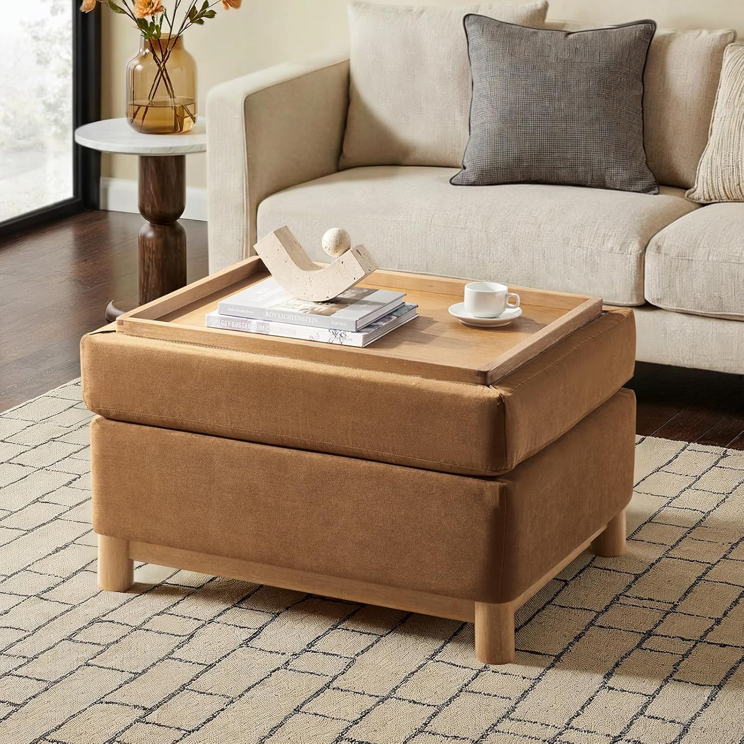 HULALA HOME 30.25' Ottoman Coffee Table with Reversible Tray Lid, Modern Upholstered Storage Ottoman with Solid Wood Base, Removable Top, Footrest and Extra Seating for Bedroom or Living Room, CARAMEL