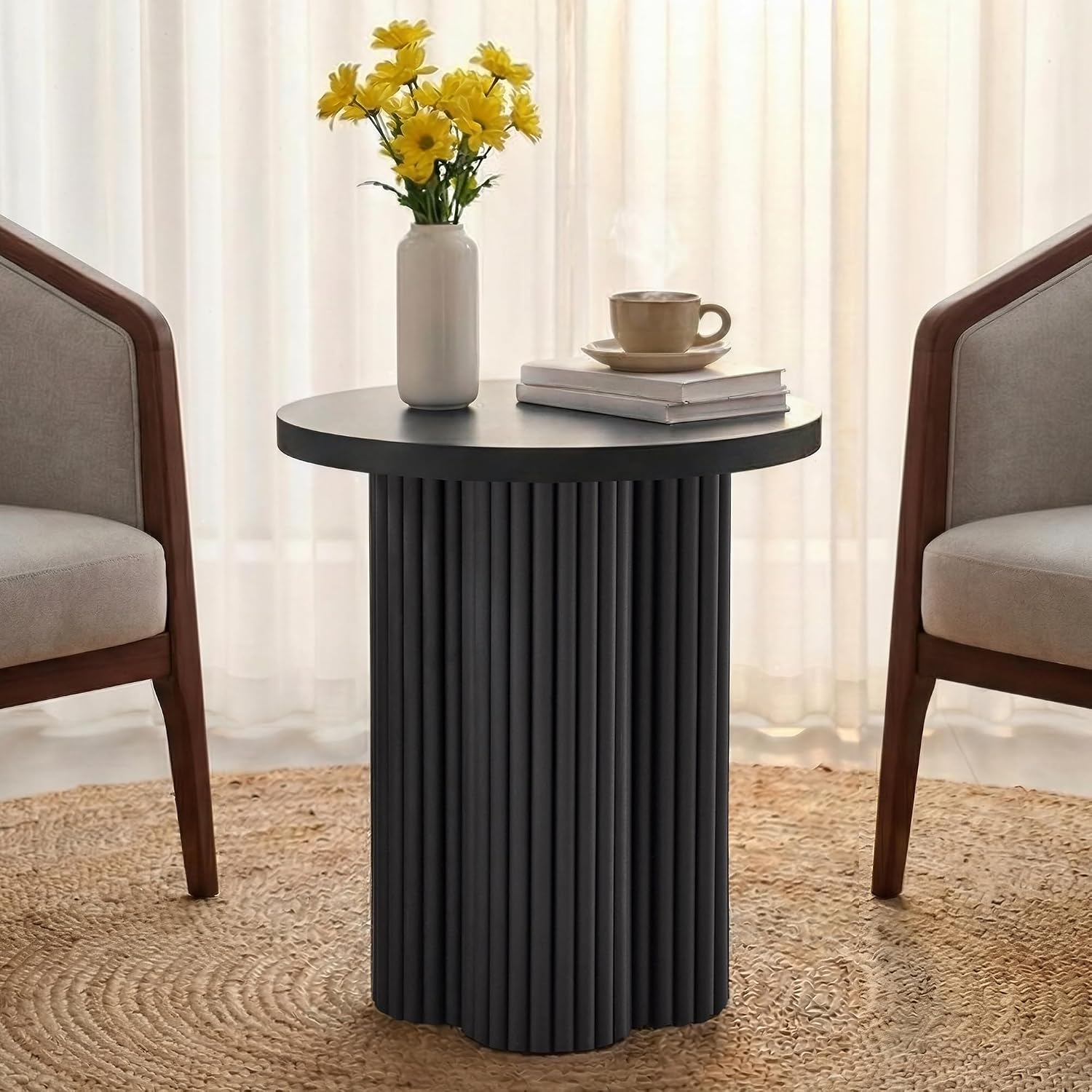 Small Sofa Side Table Set of 2, Fluted Accent Pedestal End Table, Wood Round Night Stand, Farmhouse Bed Side Table Drink Tables for Living Room, Small Spaces (Black-2PCS)