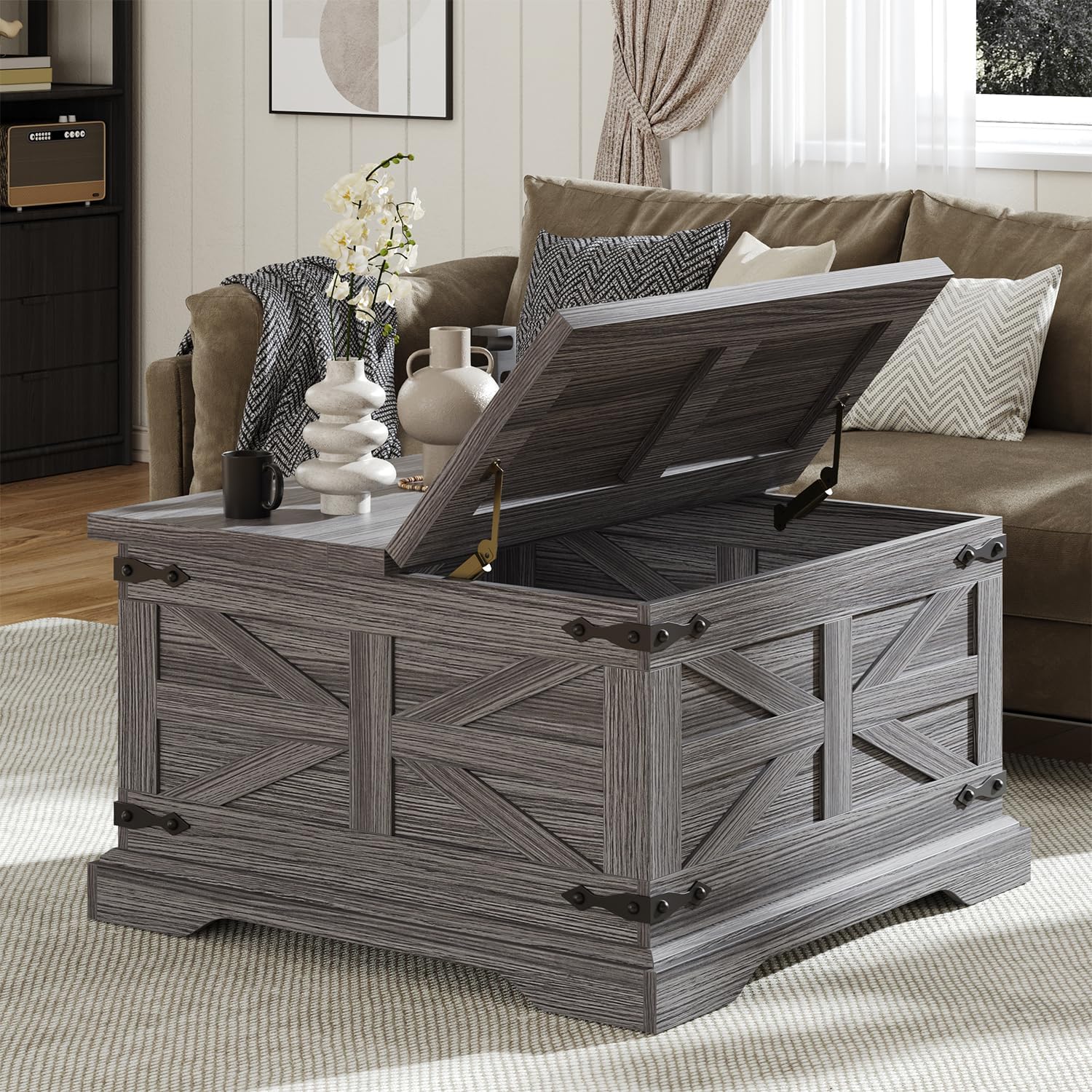 VVFLU Farmhouse Coffee Table with Storage, Square Center Table for Living Room, Rustic, Hinged Lift Top Soft Close, Wood, Large Hidden Storage, Modern, Metal Corner, Grey