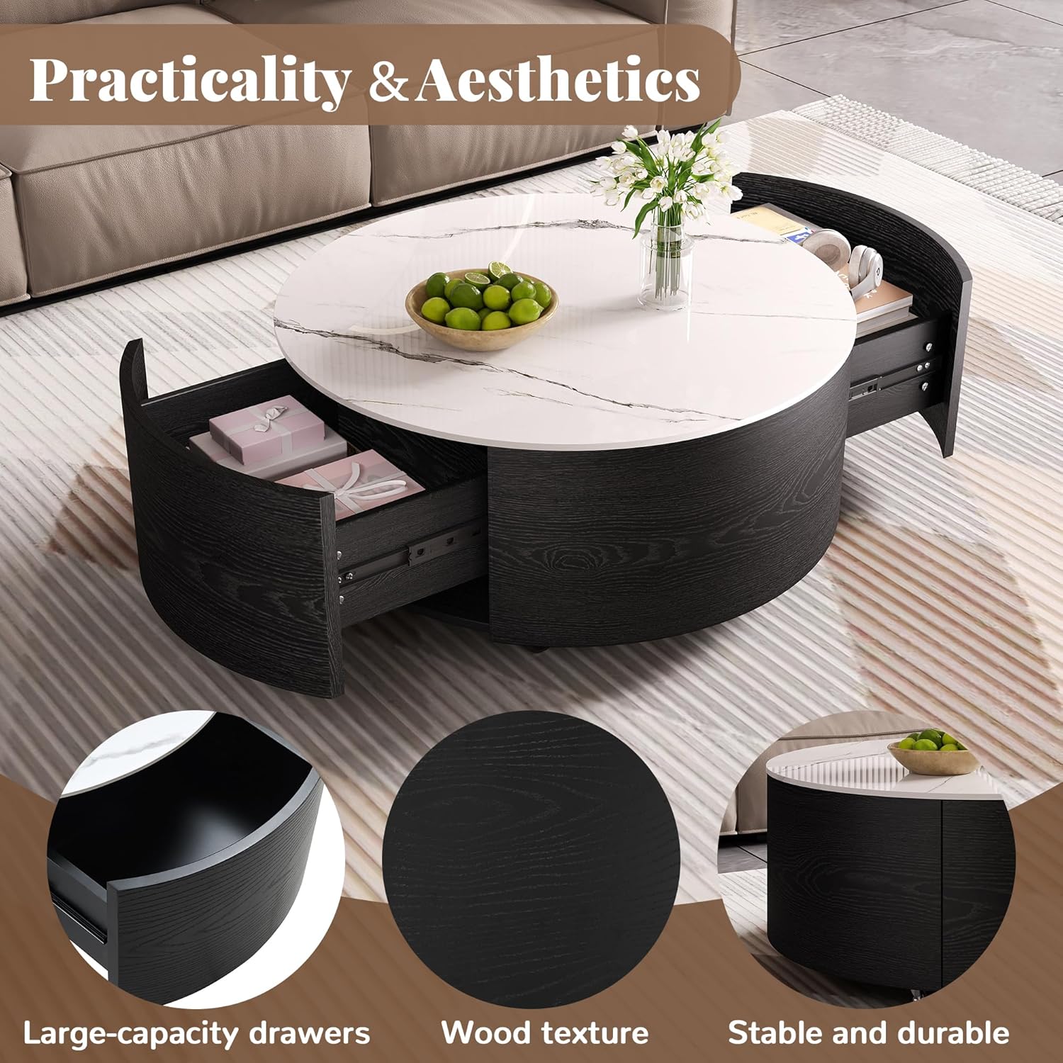 Merax 29.5' Round Coffee Table for Living Room, Movable Accent Table with Casters and 2 Storage Drawers, Marble Pattern Sintered Stone Top, Black and White
