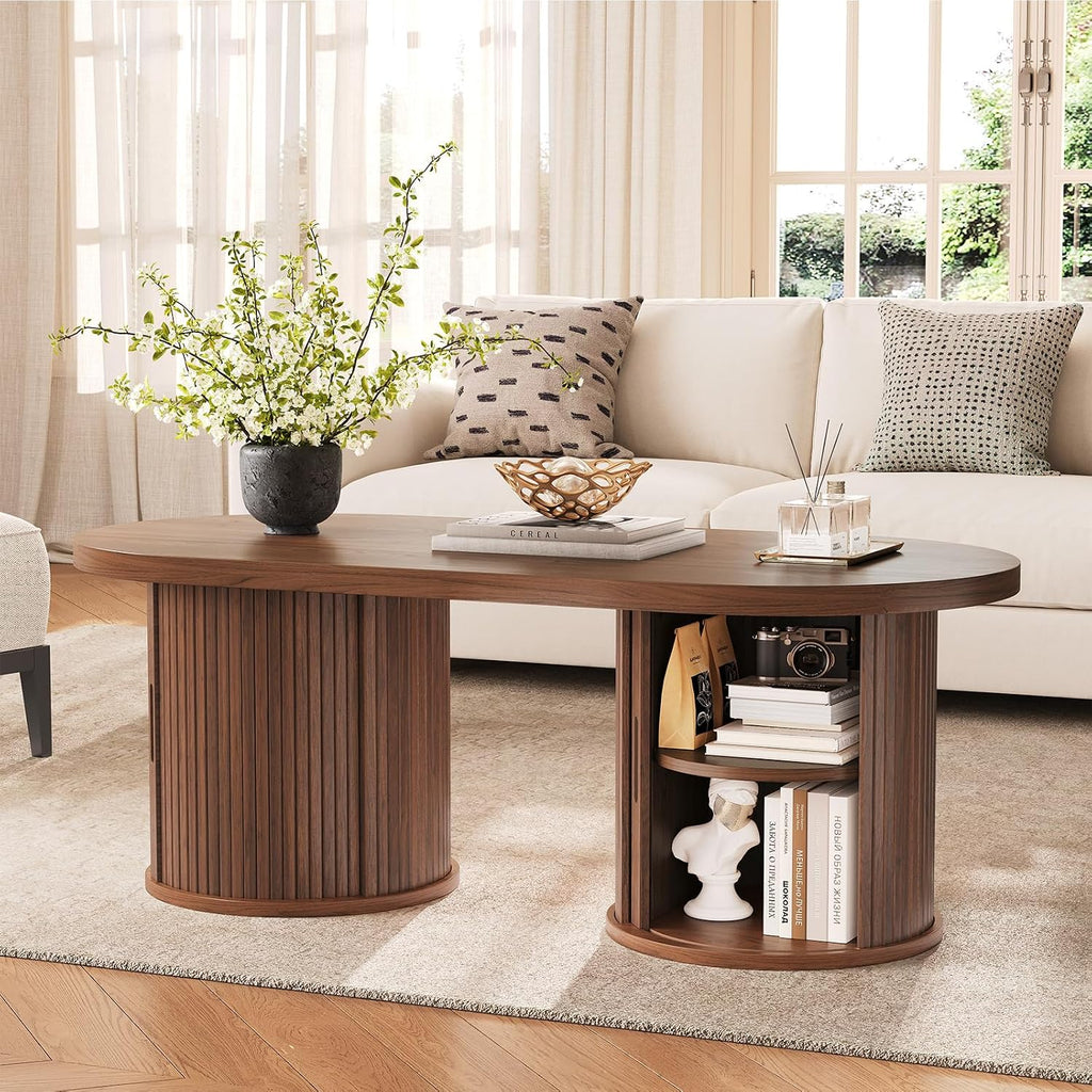 ONBRILL 47' Fluted Coffee Table, Oval Coffee Table with 2 Storage Legs, Mid-Century Modern Center Tables with Sliding Doors, Coffee Tables for Living Room, Walnut