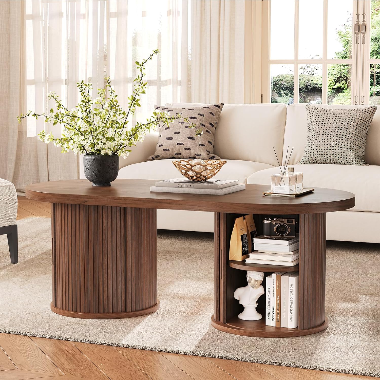 ONBRILL 47' Fluted Coffee Table, Oval Coffee Table with 2 Storage Legs, Mid-Century Modern Center Tables with Sliding Doors, Coffee Tables for Living Room, Walnut