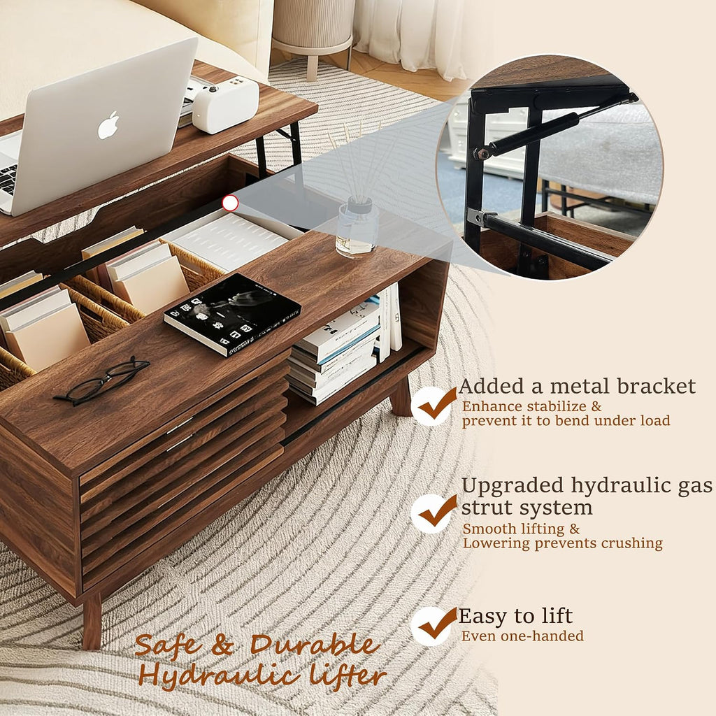 HAIOOU Lift Top Coffee Table, Mid Century Modern Coffee Table with Storage for Living Room, 35.4'' Walnut Coffee Tables with Sliding Fence Door (Brown)
