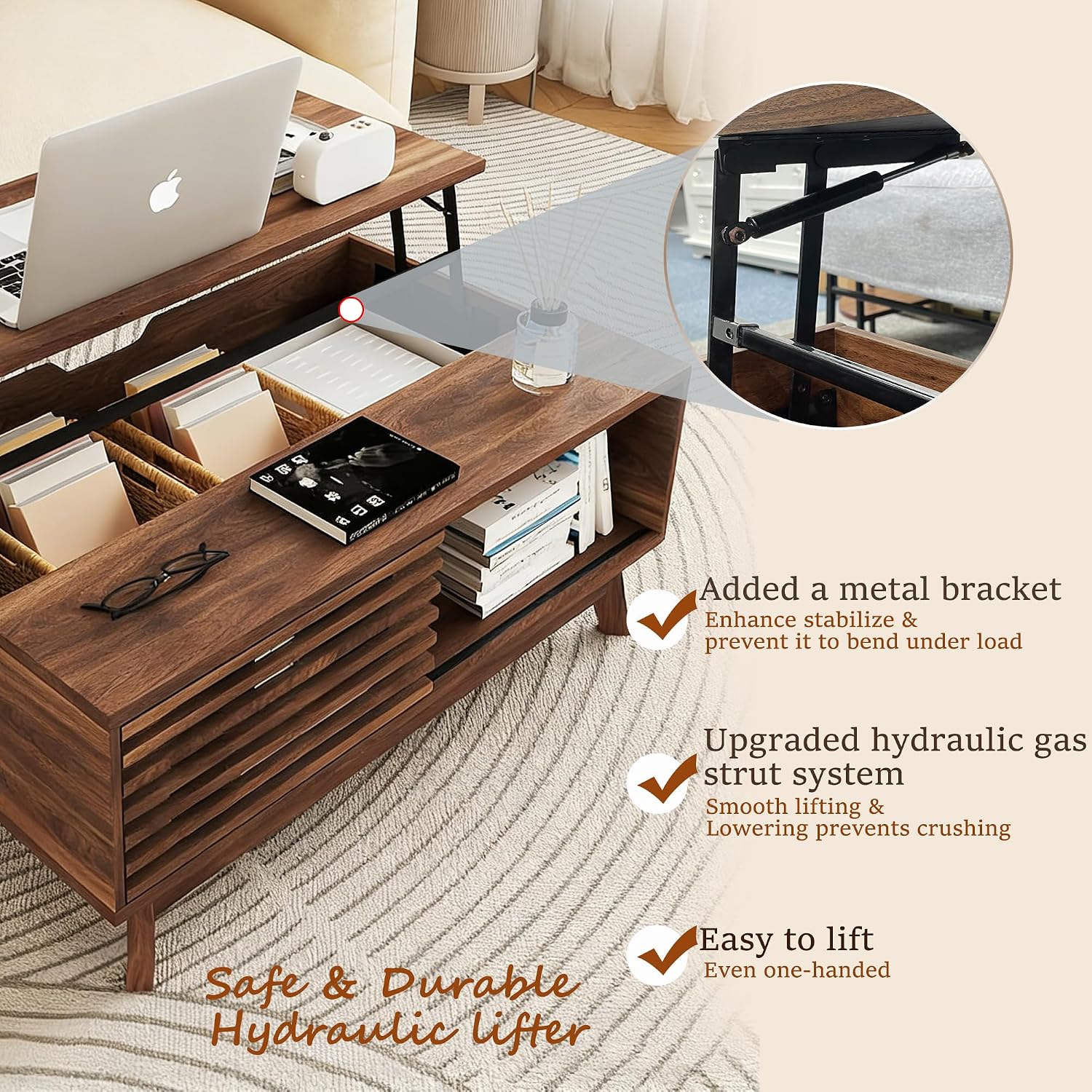 HAIOOU Lift Top Coffee Table, Mid Century Modern Coffee Table with Storage for Living Room, 35.4'' Walnut Coffee Tables with Sliding Fence Door (Brown)