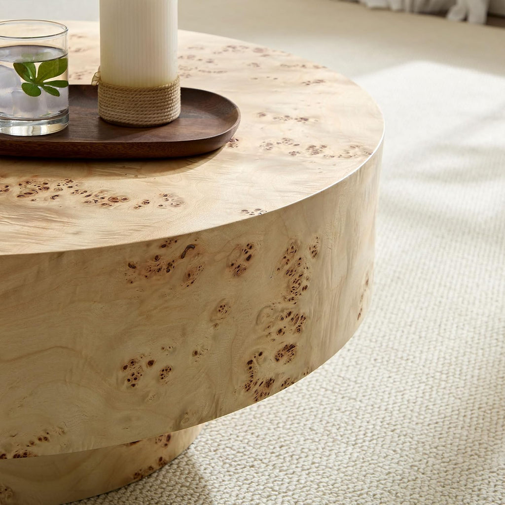 Burl Wood Coffee Table for Living Room Round Wooden Coffee Table with Pedestal 31.49' Modern Circle Center Tables Accent Tables for Apartment Easy Assembly-Natural Wood